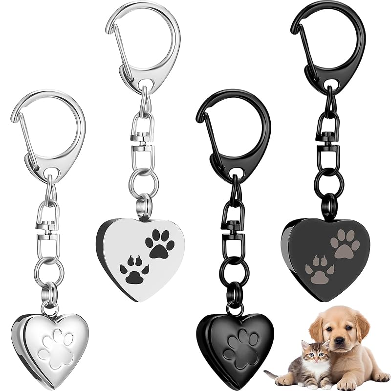 Chaveiro urna memorial para cinzas de pets em aço inoxidável Tondiamo, coração com patinha, pacote com 4