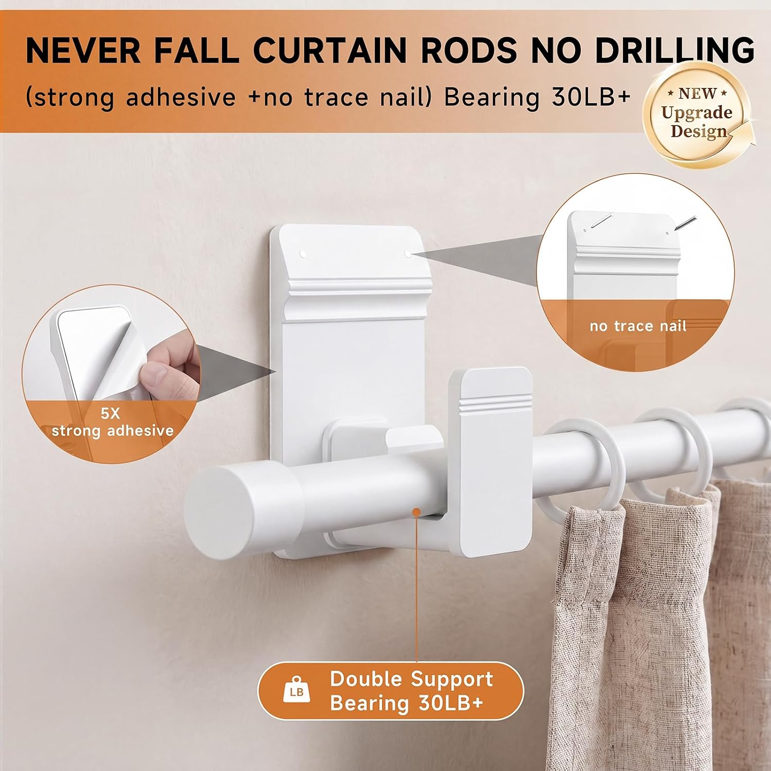 No Drill Curtain Rods for Windows 30 to 45 Inches,【Upgrade Dual Support】 Adhesive & Invisible Nail 5/8 Inch Curtain Rod No Drilling, Renter Friendly for Apartments Dorms, White