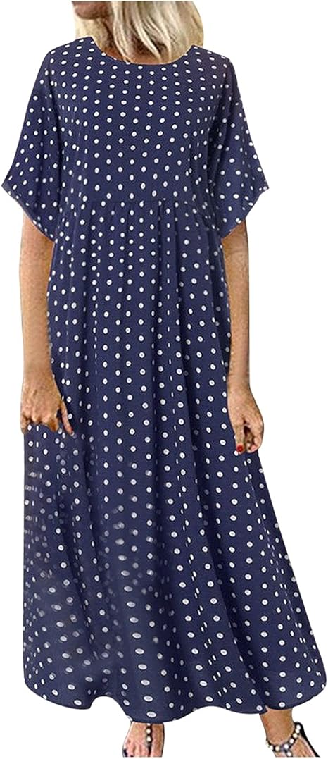 Hevoiok Frauenkleidern Sommer Lang Maxi Kleider mit Pünktchendruck Wickelkleid Rundhals Kurzarm ...