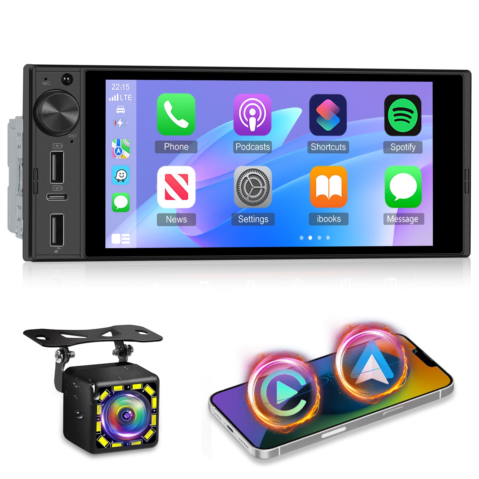 NHOPEEW Autoradio 1 DIN Avec CarPlay et Android Auto Sans Fil, Radio FM, commandes au Volant, Prise en Charge de la caméra de recul, Double Port USB + Type-C à chargement Rapide