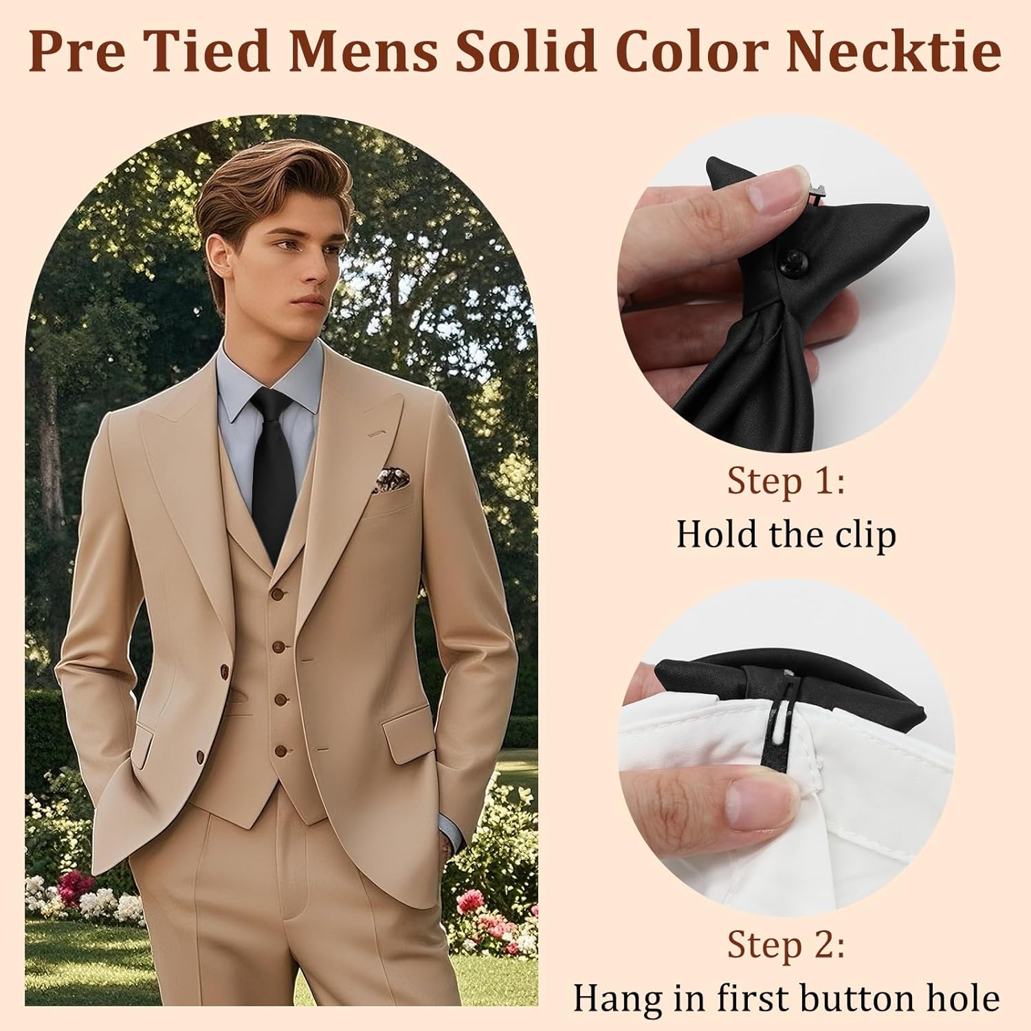 Clip on Ties for Men, Solid Color Mens Tie with Buttonholes Pre Tied Men's Neckties for Wedding Office School Party - Image 6