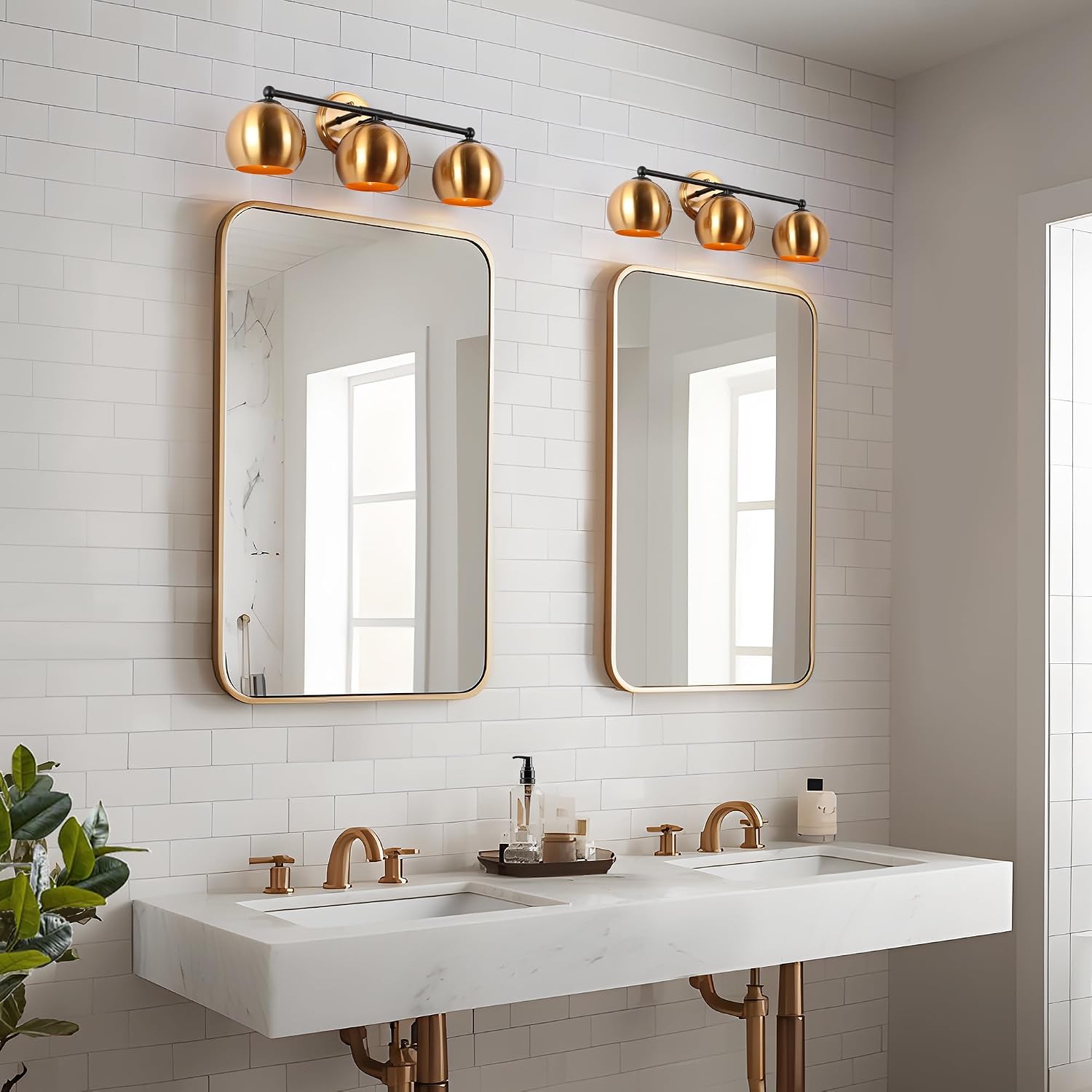 Black Gold Bathroom Light Fixtures, Modern 3-Light Vanity Light Over Mirror, Globe Vanity Lighting with Metal Shade 22.4”L
