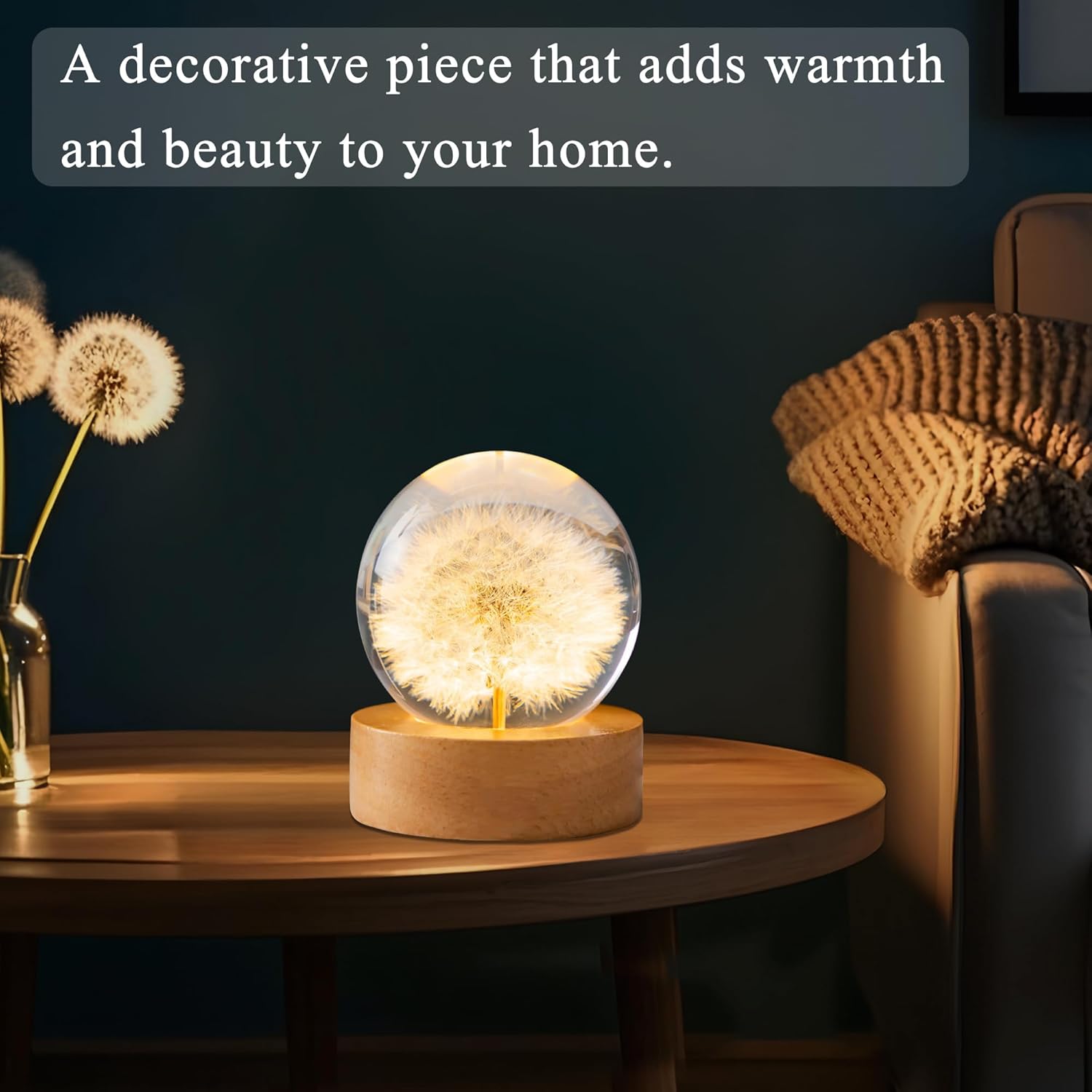 Dandelion Decor Gifts,Dandelion Flowers Lamp Crystal Ball Night Light,2.4 Inch Glass Ball Lamp with LED Wooden Base, Soft Warm White Lighting for Women Best Friends Sister Birthday Xmas Aesthetic Gift