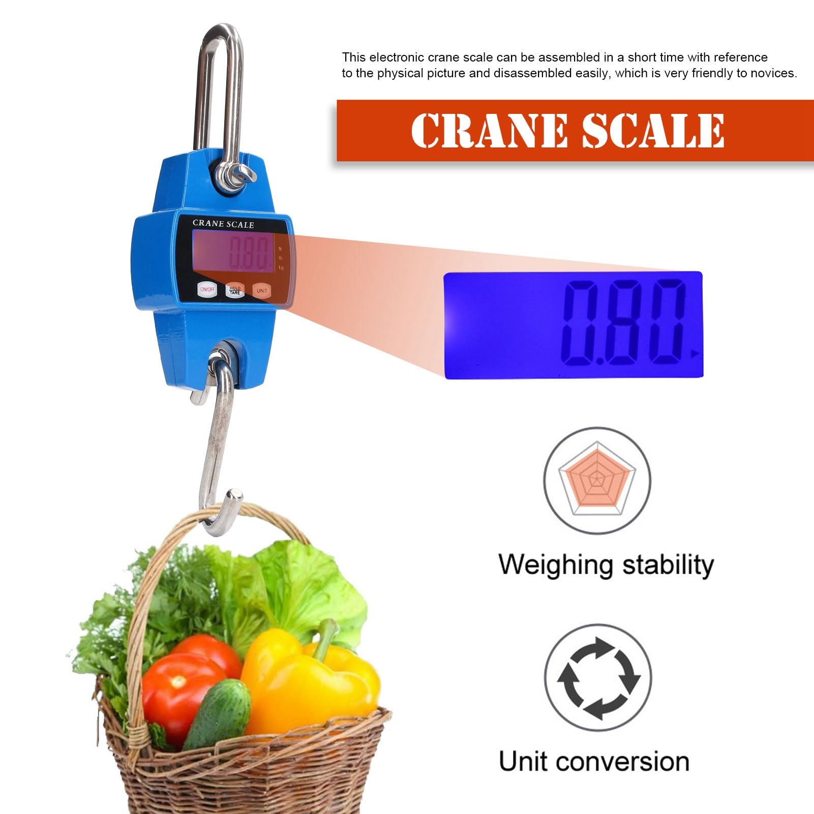 FLEXMAN Digital Crane Scale, Portable Handheld Aluminum Alloy Industrial Electronic Hanging Scale with S Shaped Hook for Farm, Fish, (Battery Not Included) (Blue)