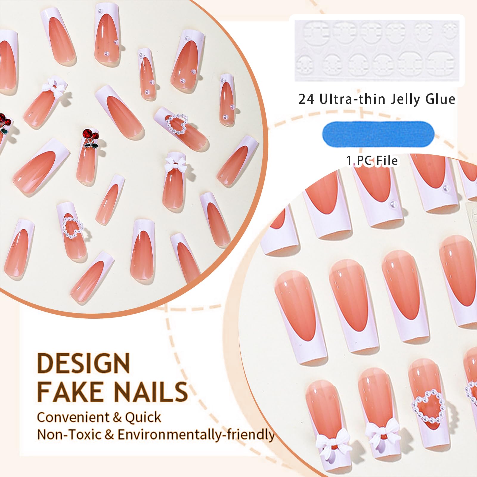 GlamRays 3D Cherry Bow Pearl False Nails White French Tip Press On Nails Extra Long Square False Nail With Design Glossy Full Cover 24Pcs - Image 3