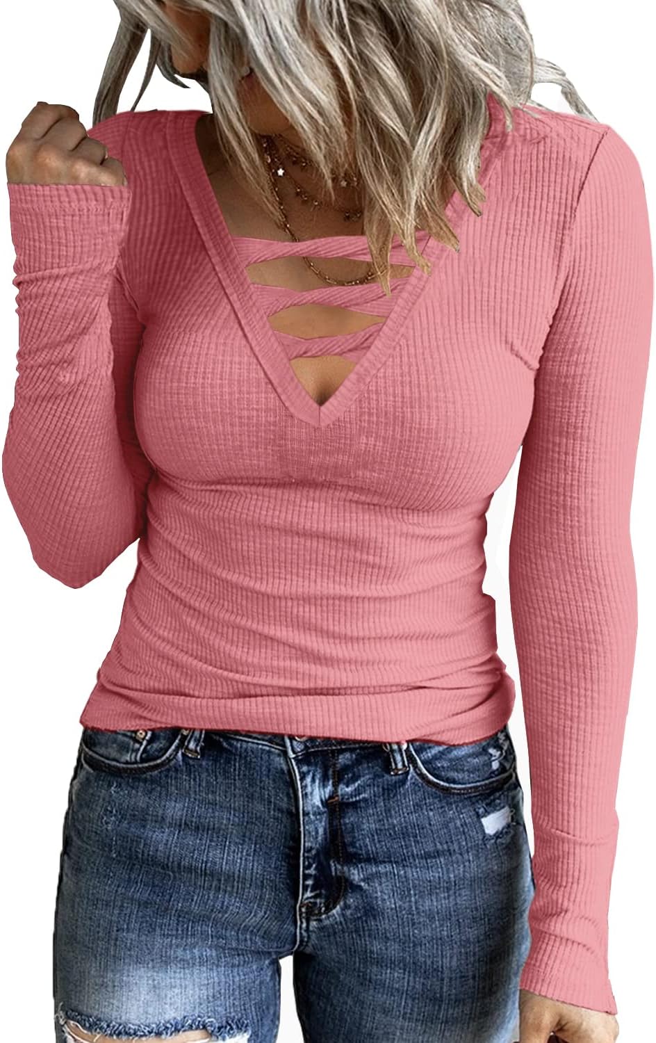 Women Casual Long Sleeve Tunic Tops V-Neck T Shirts Criss Cross Ribbed CasualTee Slim Fitted Fall Blouse