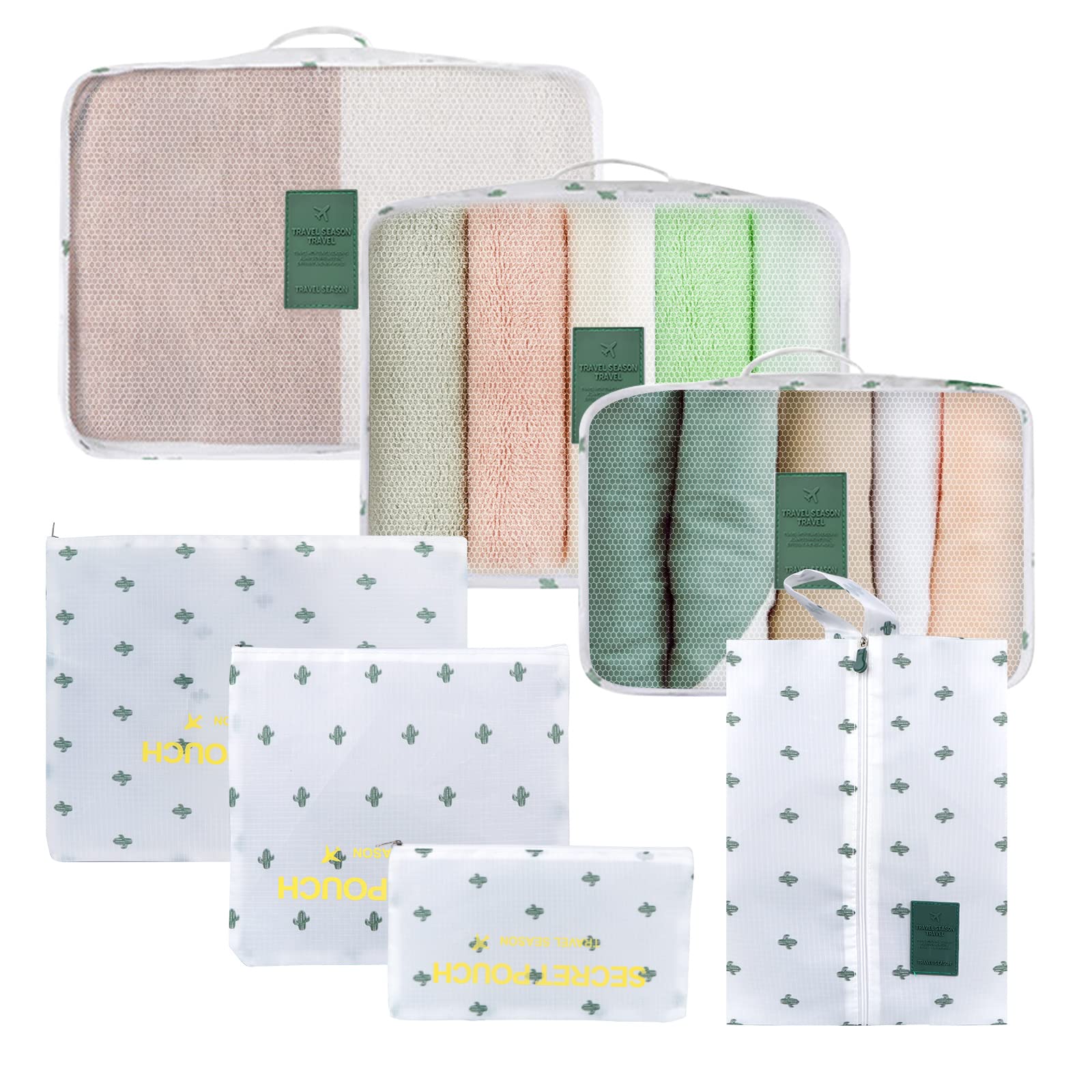 Homarket 7Pcs Set Travel Luggage Organizer Packing Cubes Set Storage Bag Waterproof Laundry Bag Traveling Accessories, Travel Bag, Travel Luggage (cactus-7pcs)