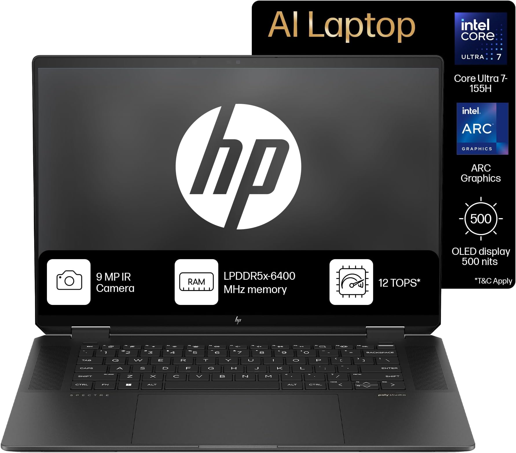 Spectre x360, Enhanced by AI, Intel Core Ultra 7 155H, 16-inch (40.6 cm), OLED 400 nits 120Hz, 32GB, 2TB SSD, Touch w/Pen, 9MP IR Camera w/Shutter, Poly Studio (Win 11, Black, 1.95 kg), aa0665TU