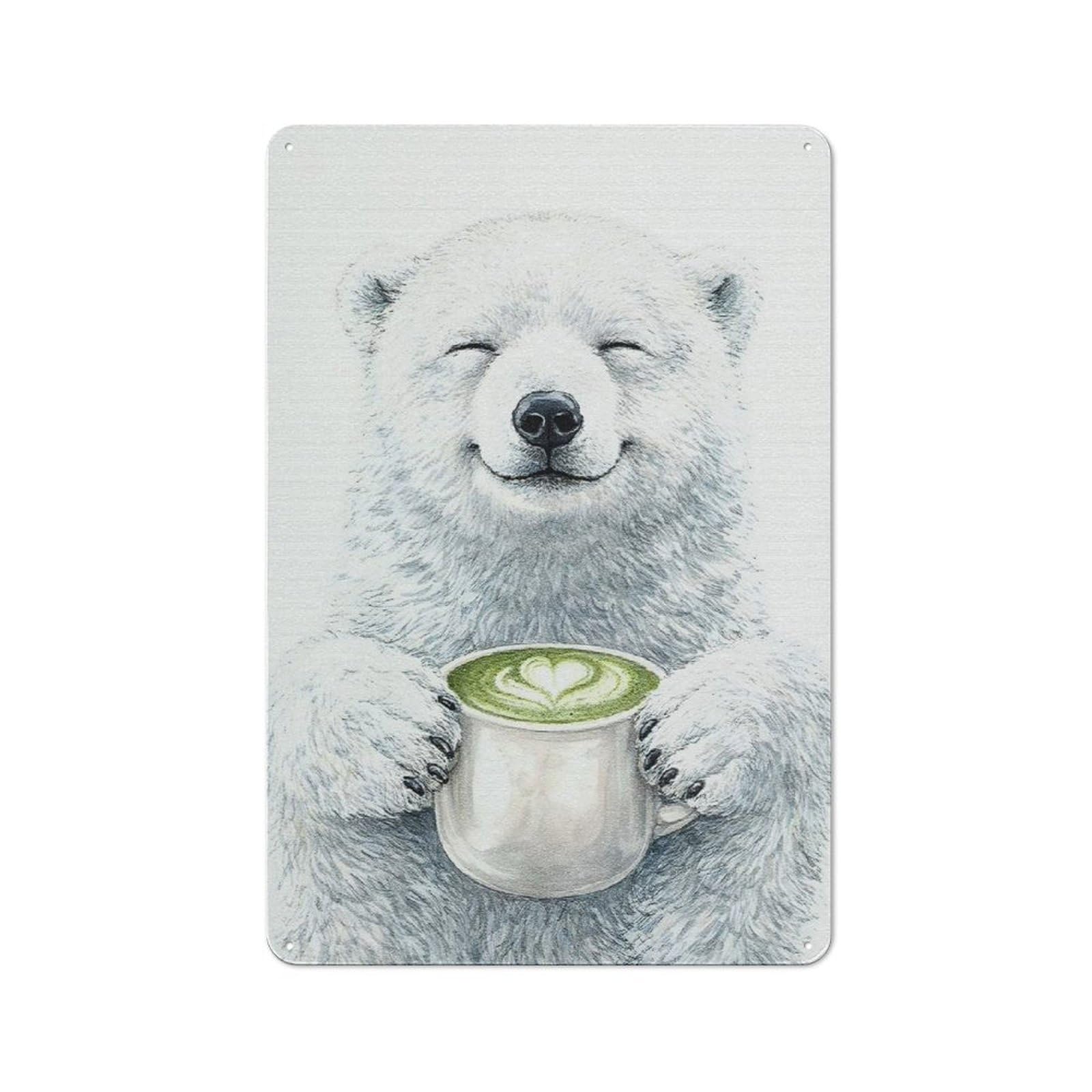 Junmoney Style-3 Happy Polar Bear With Matcha Latte Retro Metal Sign 30X20cm, Distressed Look Retro Room Decor For Living Room, Hallway, Kitchen Or Cafe