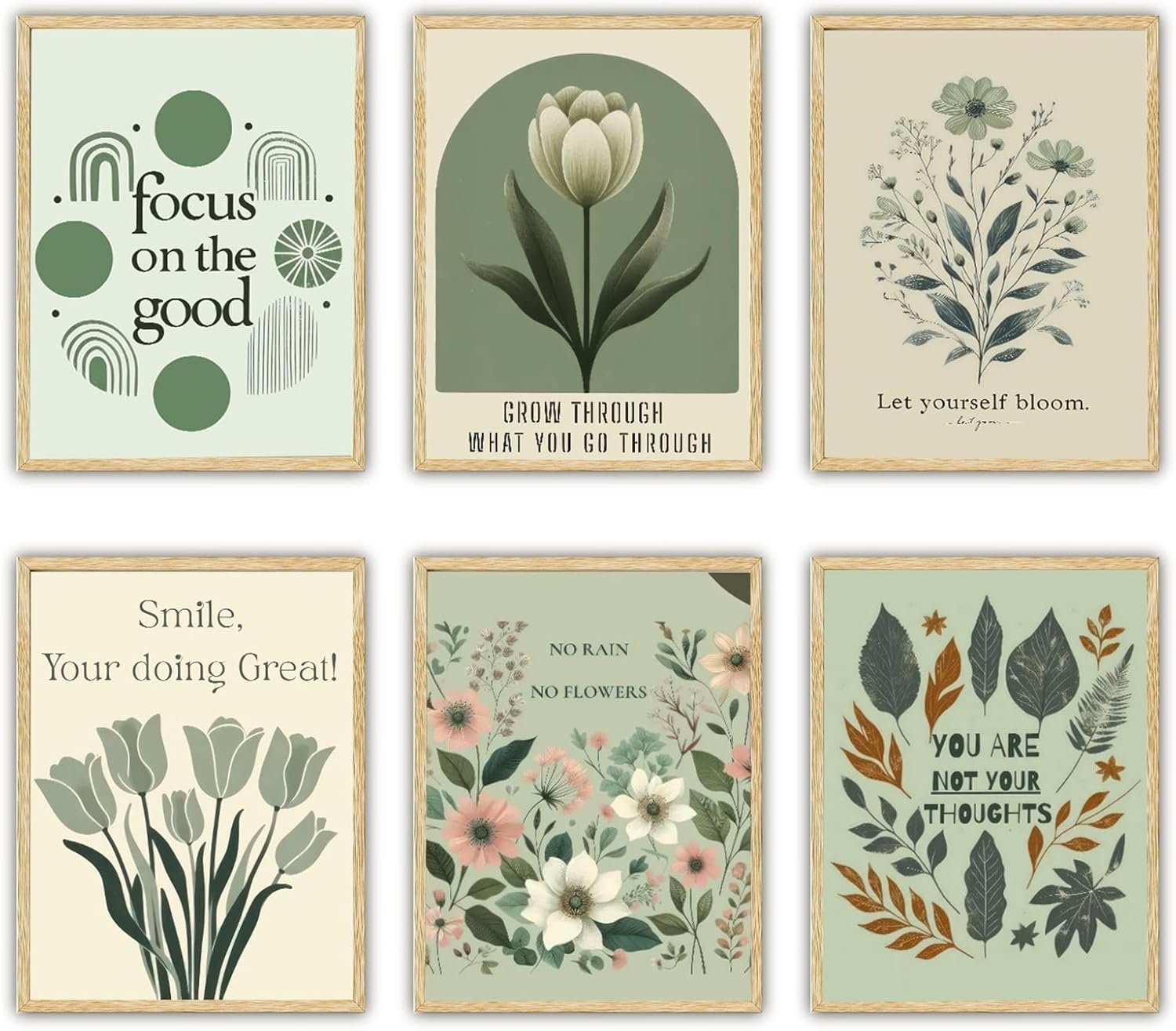 6Pcs Sage Green Mental Health Canvas Wall Art Offices Sage Motivational Poster Print Inspiring green wildflowers Pictuer Boho Floral Wall Deocr for School Therapy Home Decor