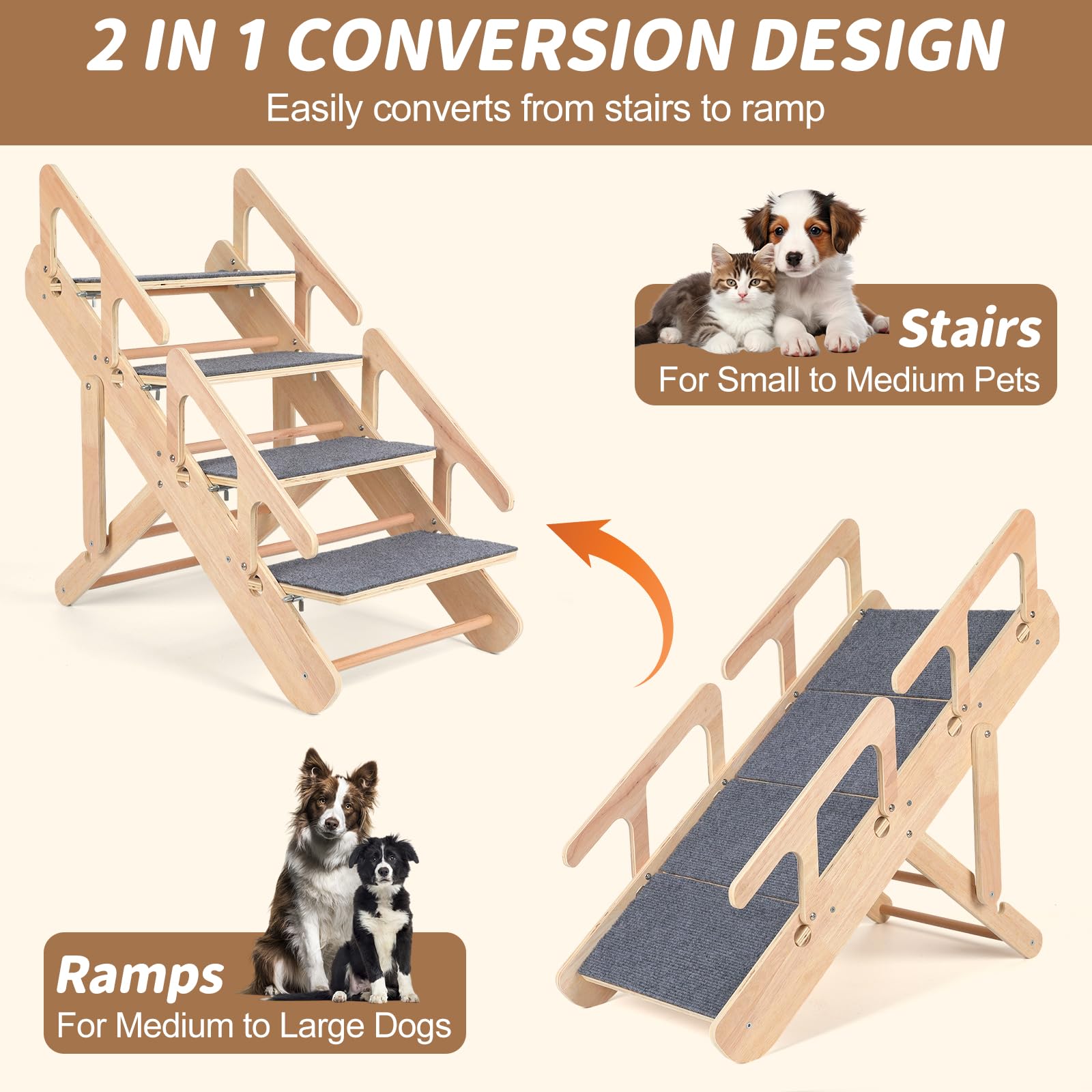 Escalera para perros 2 en 1, escalera ajustable para perros con 4 niveles para perros pequeños, escalera portátil para mascotas, plegable con superficie antideslizante para cama, sofás y coches