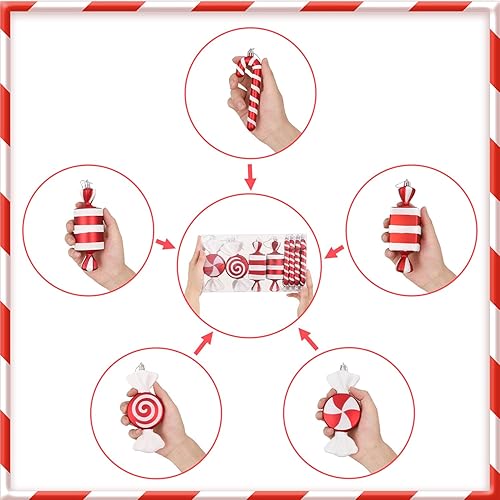 Miniatura 9 de 14 piezas de bolas de caramelo colgantes navideñas, adornos de bastón de caramelo rojo y blanco colgante para decoración del hogar, parte del árbol