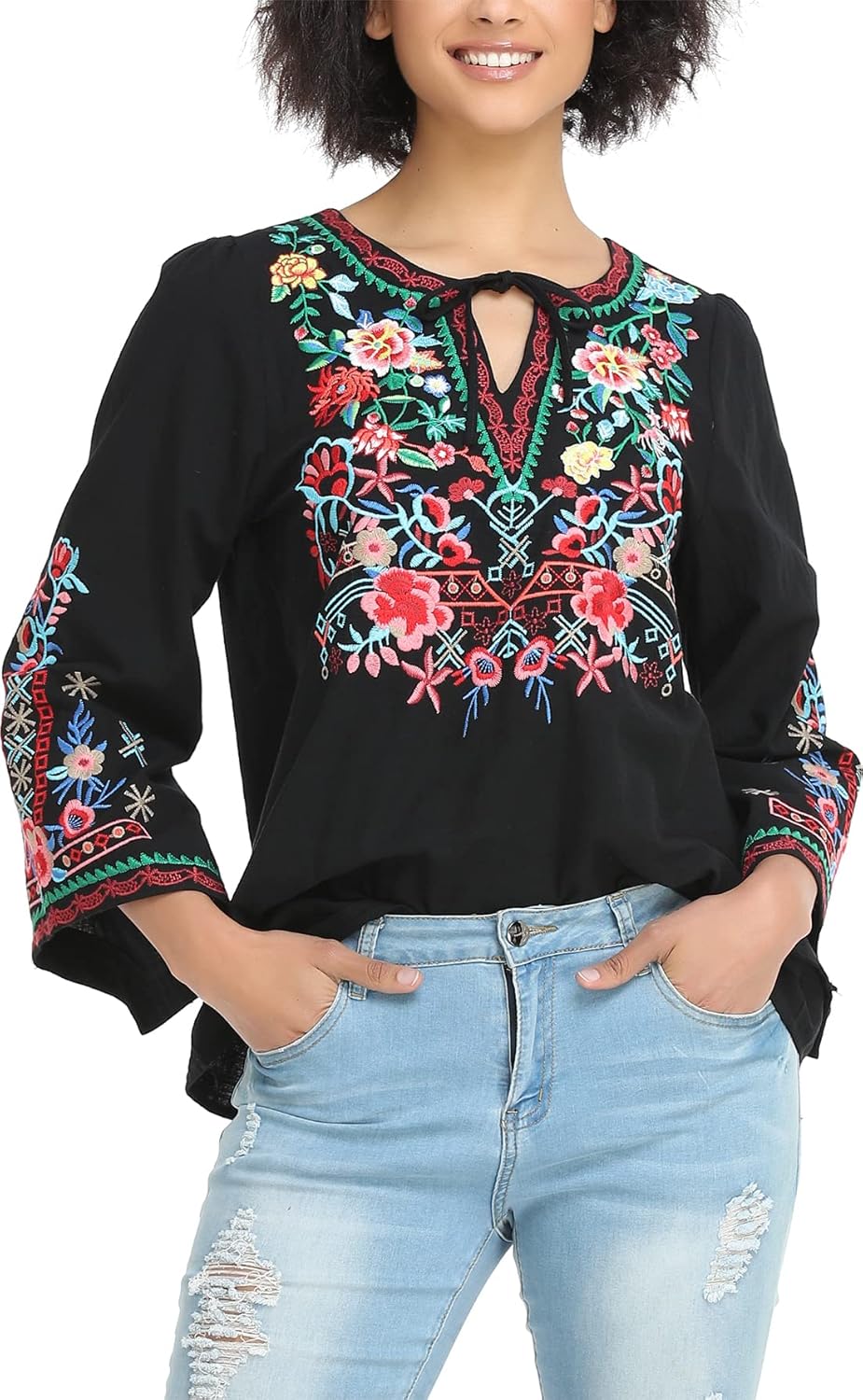 YZXDORWJ Women's Mexican Long Sleeve Blouse Embroidered Traditional V Neck Top Boho Tunic