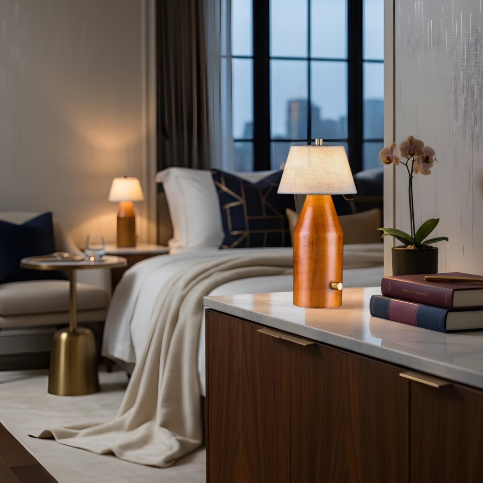 Phanora Rechargeable Wooden Table Lamp | 2600mAh Cordless LED Lamp with Dimmer Control | Premium Wood & Fabric Wireless Lamp for Bedroom Restaurant Dining | Natural Wood Finish-image-27