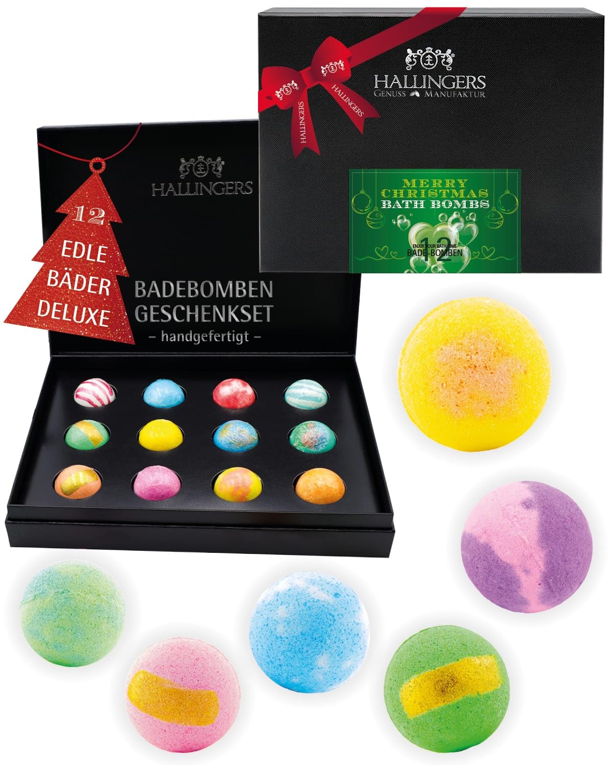 Hallingers Genuss Manufaktur Badebomben Weihnachts-Geschenk-Set - 12x Badekugeln Bath Bombs in edler Geschenkbox, Frauen Badeperlen-Wellness & Spa ""Merry Christmas..."", Weihnachten für Frauen Männer