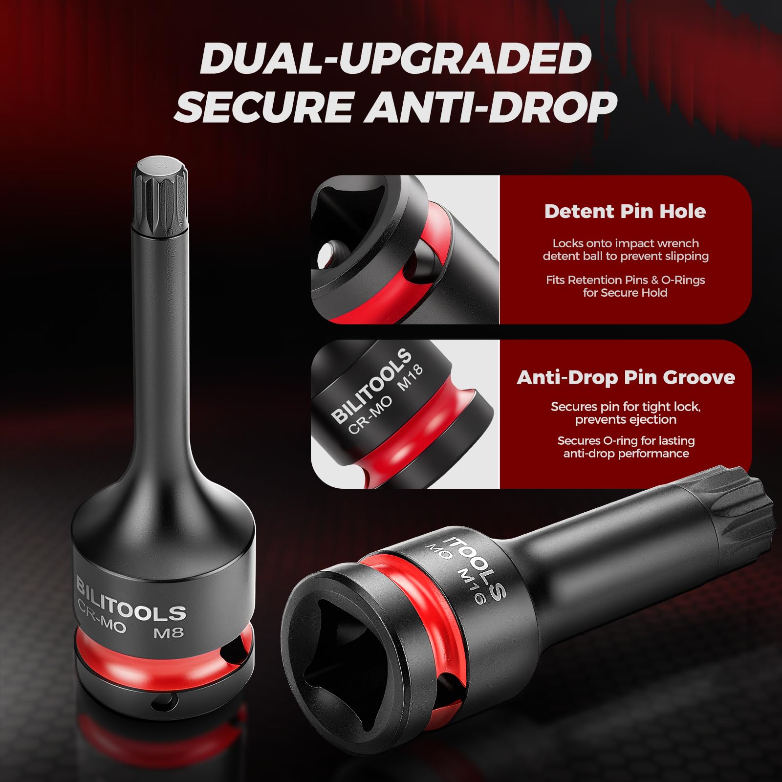 BILITOOLS Impact XZN - Set di 8 chiavi a bussola quadrate triple con attacco da 1/2", M5-M18, acciaio Cr-Mo
