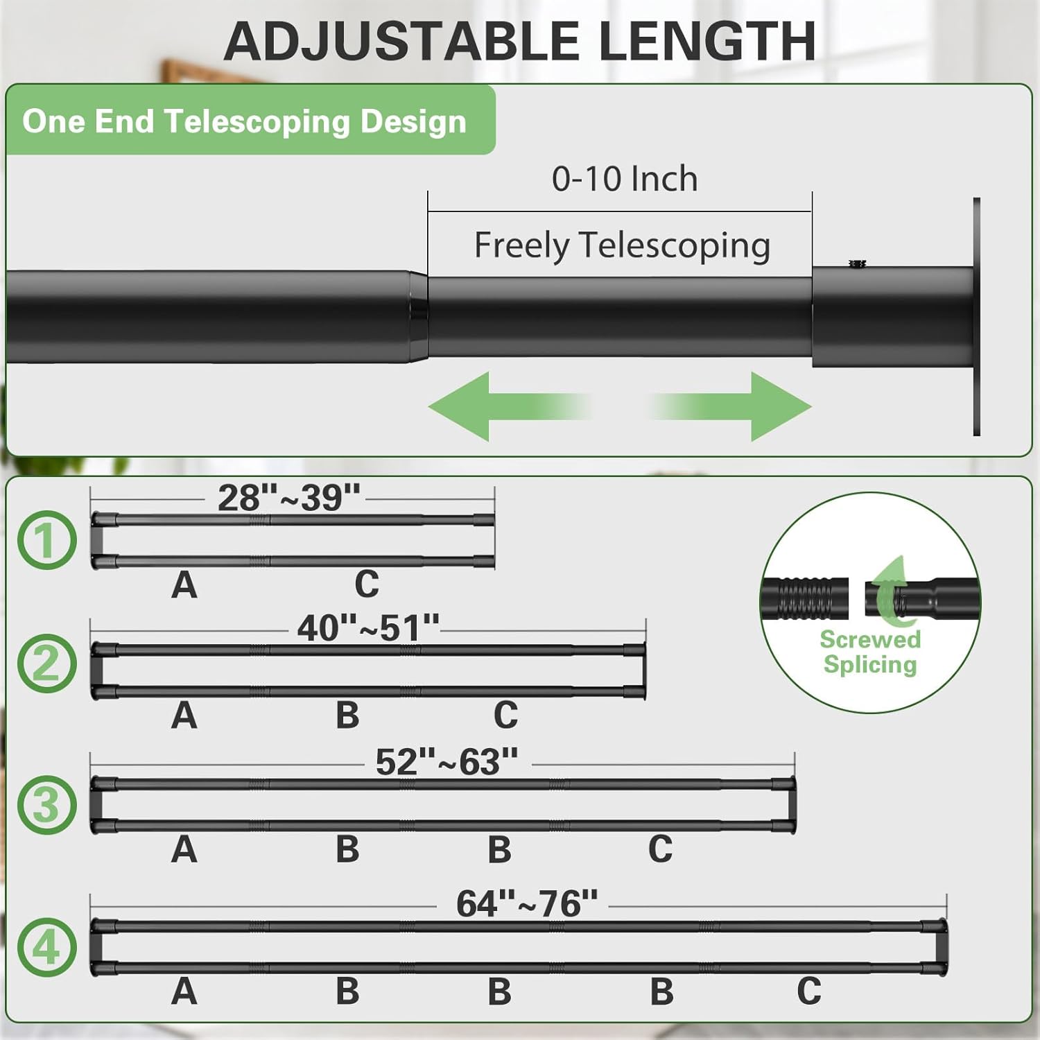 Double Shower Curtain Rod, Adjustable 28 to 76 Inches Wall Mounted Double Shower Rod Rustproof, Black Shower Curtain Pole for Bathroom, Laundry Room, Bathtub and more