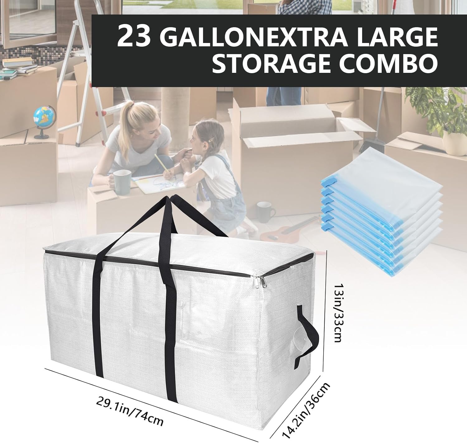 Extra Large Storage Bags Set Heavy Duty Moving Totes with Handles, Waterproof Dual-Way Carrying Design with Vacuum Storage Bag Combo,College Dorm,Traveling,Camping(6 Moving bag & 10 Vacuum Seal Bags)