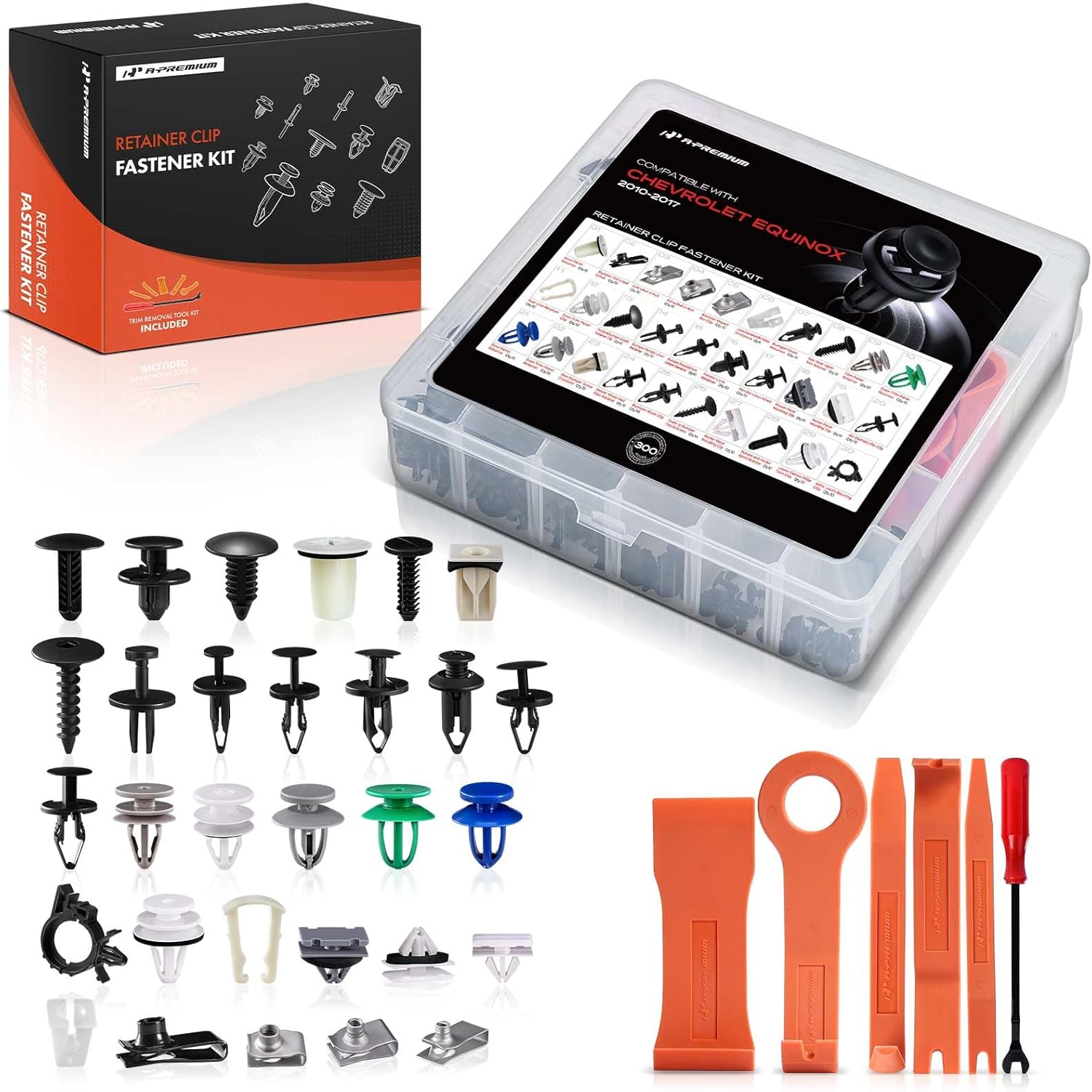 A-Premium 30 Sizes 56oz Bumper Fender Door Trim Retainer Clips Kit Compatible with Chevrolet Equinox 2010-2017 Fender Liner Grille Car 300PCS Plastic Rivets Fasteners Push Retainer Kit, w/Removal Tool