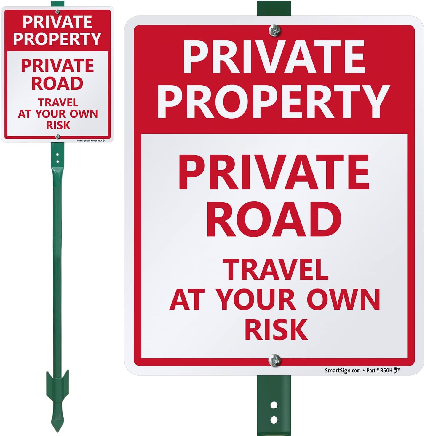 SmartSign "Private Property - Private Road, Travel At Your Own Risk" LawnBoss® Sign | 10" x 12" Aluminum Sign With 3' Stake