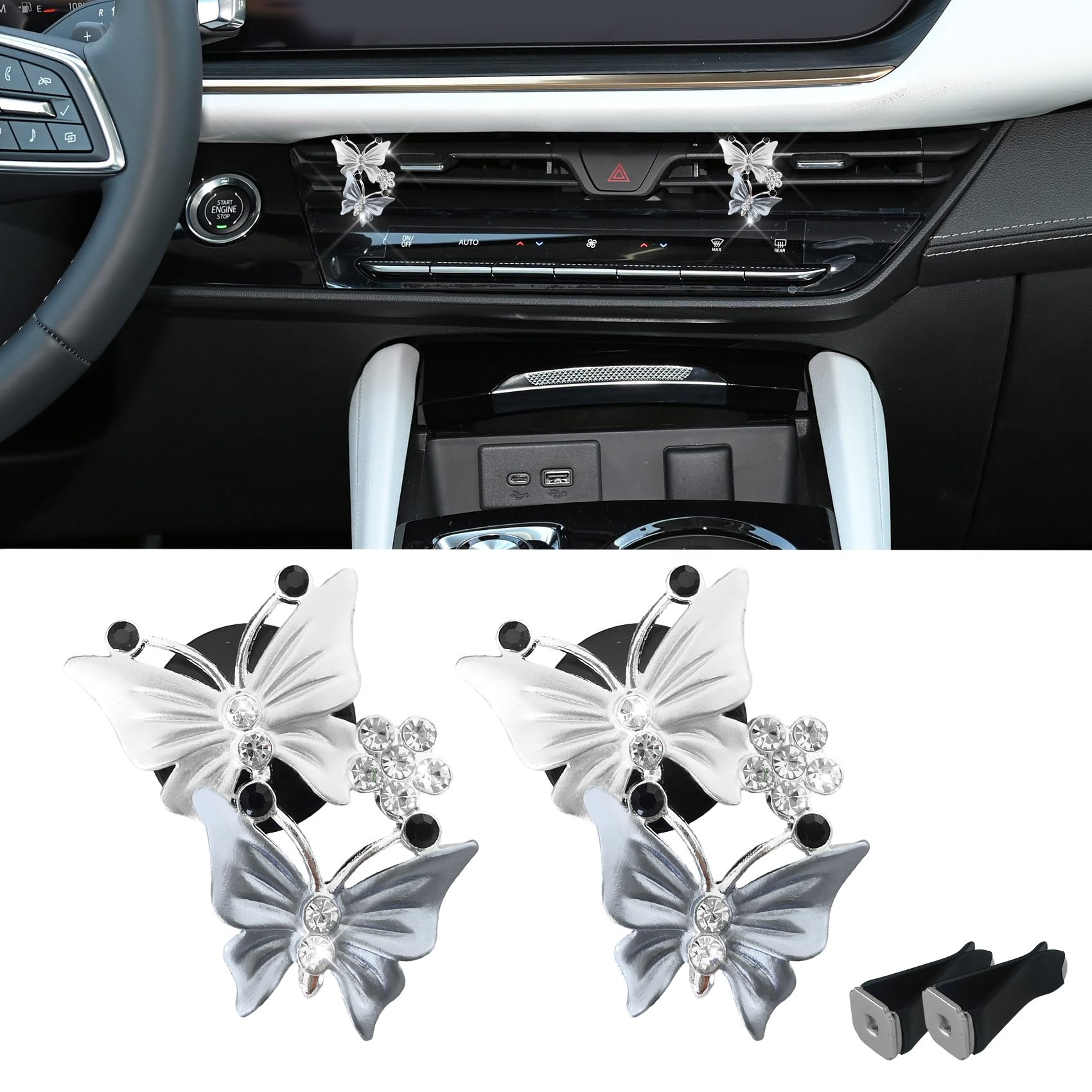 2PCS Car Air Fresheners Vent Clips, Butterfly Car Accessories, Sparkly Bling Dual Butterfly Auto Air Vent Clips, Automotive Cute Air Conditioning Outlet Decoration Universal for Women Girl