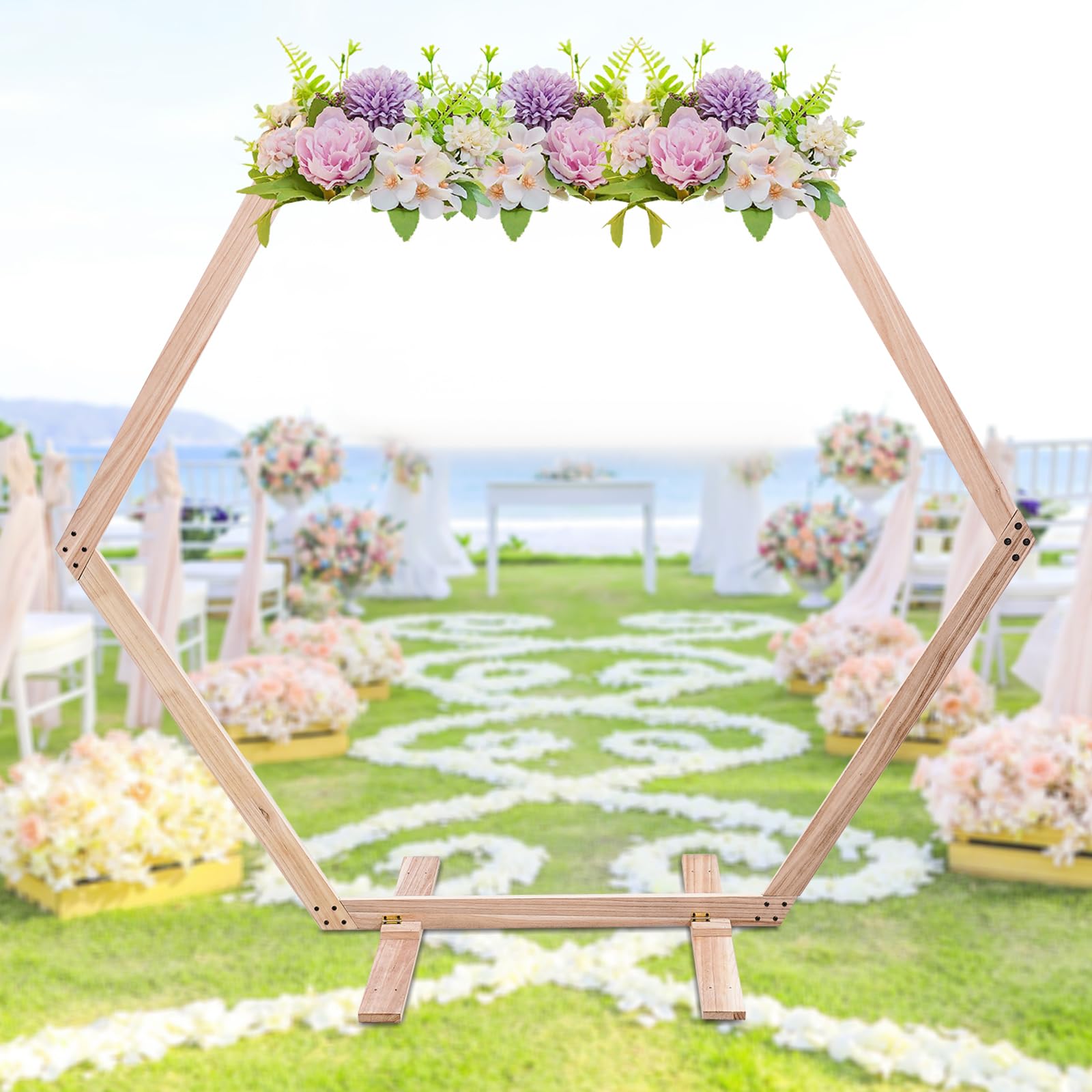 Hochzeitsbogen mit 7 Füßen, Gartenbogen, Hochzeitsbögen aus Holz für Zeremonien, Dekoration für Partys im Freien, Hintergrund, Hintergrund, Gartendekorationen (Hexagon)