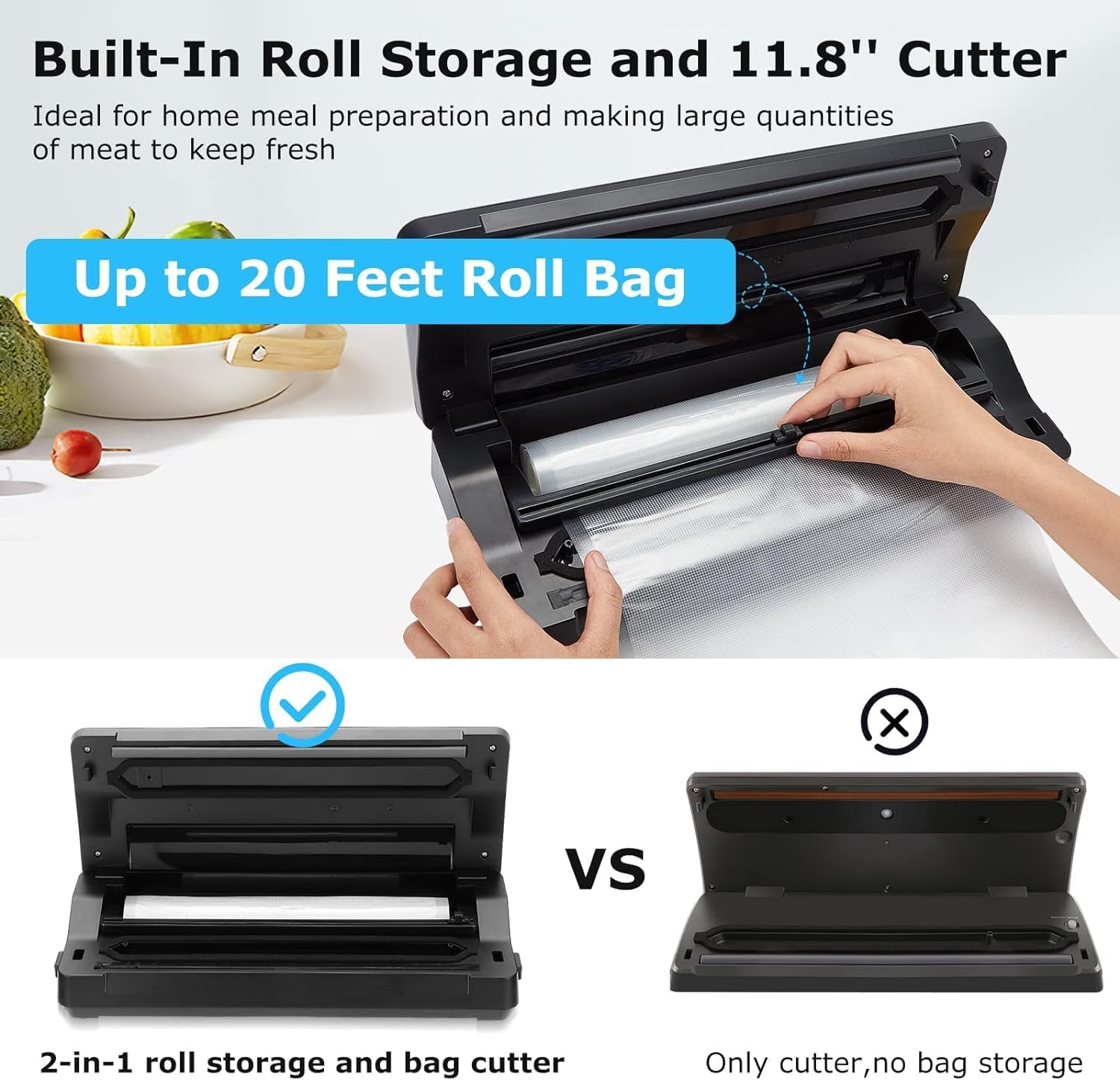 Close-up of the built-in roll storage and cutter feature of the vacuum sealer