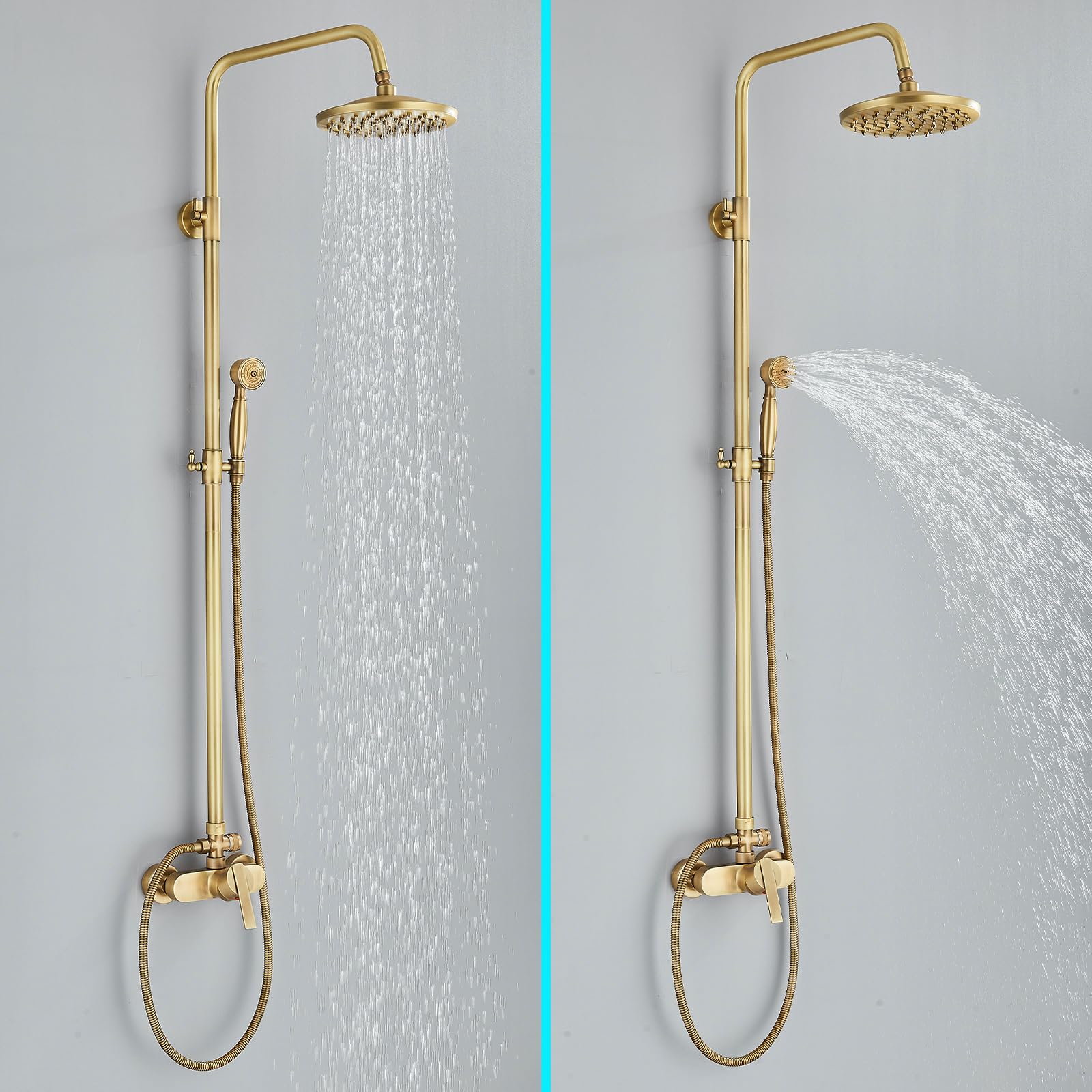 Rozin Antik Messing Duschsystem mit 8 Zoll Regendusche Duschkopf und Handbrause Einzelgriff Fertig an der Wand Montiert Retro Duschset