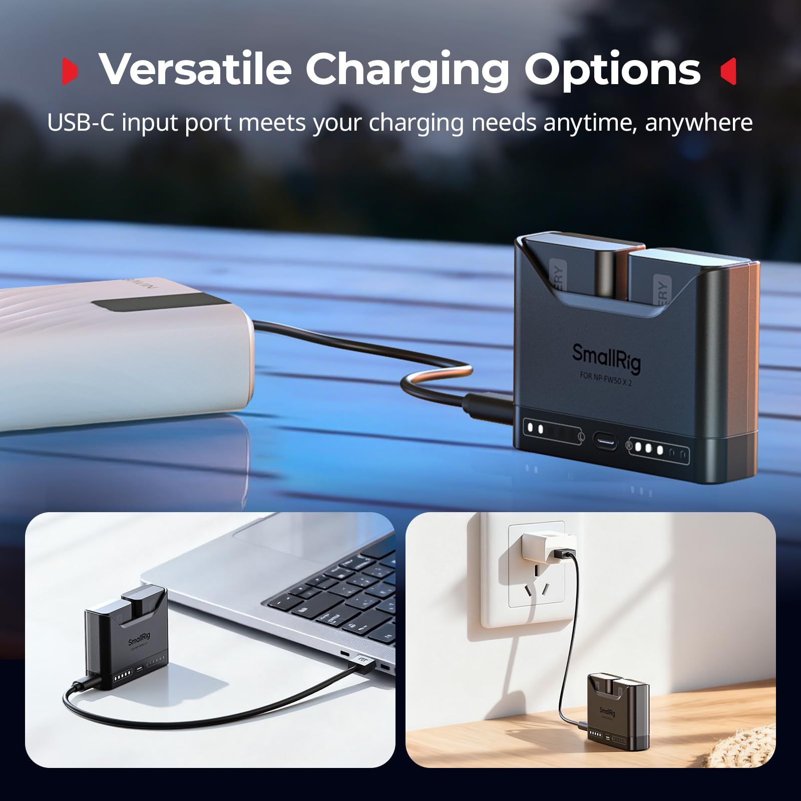 SMALLRIG Caricabatterie NP-FW50 per Sony, caricabatteria doppio slot da 2 ore con porta USB-C da 11 W, per Sony A6000 A6100 A6300 A6400 ZV-E10 A7 A7S A7R A7SII A7RII A5000 A5100 ILCE-QX1-5493