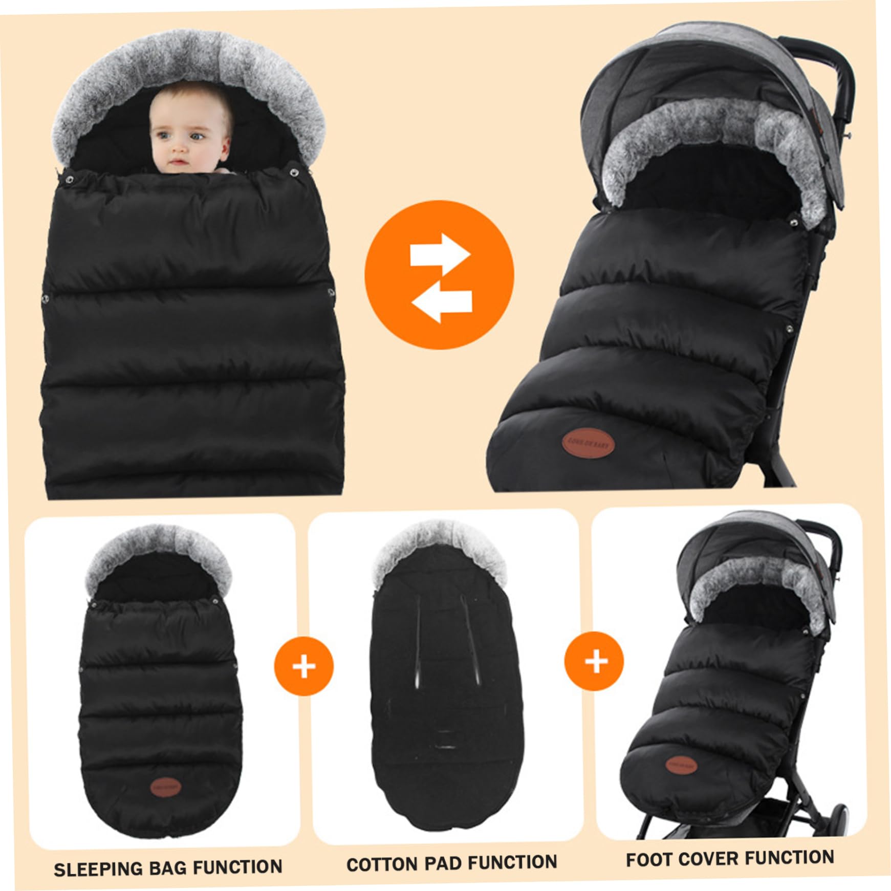 Coprigambe per passeggino, foderato in pile spesso, caldo, per l'inverno, con collo in pelliccia e cerniera, impermeabile, 89 x 35 cm