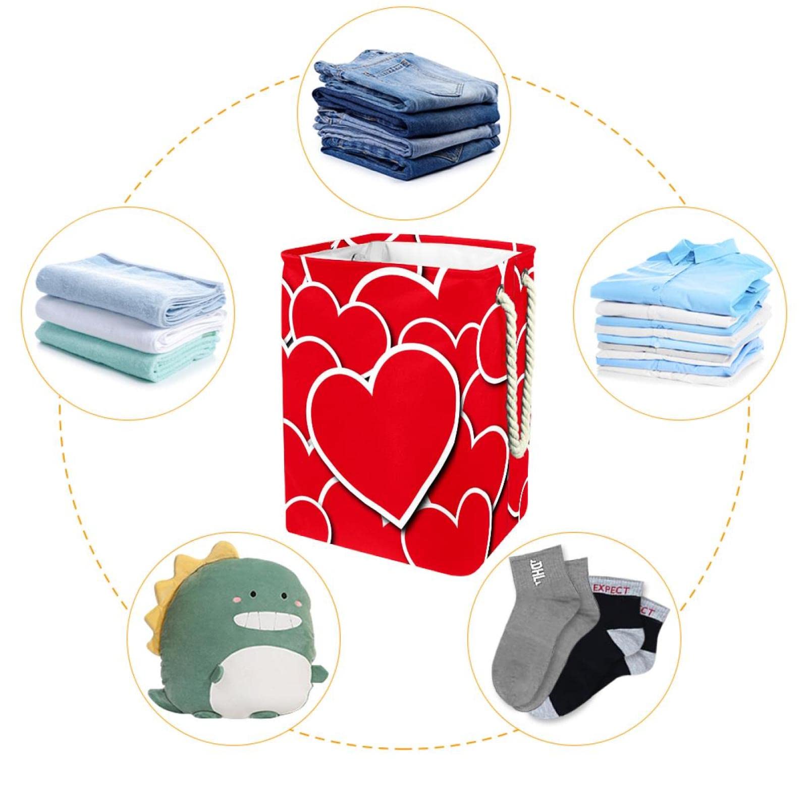 Cesta impermeable para la ropa sucia, cesta para la ropa sucia con asa, patrón de corazones rojos