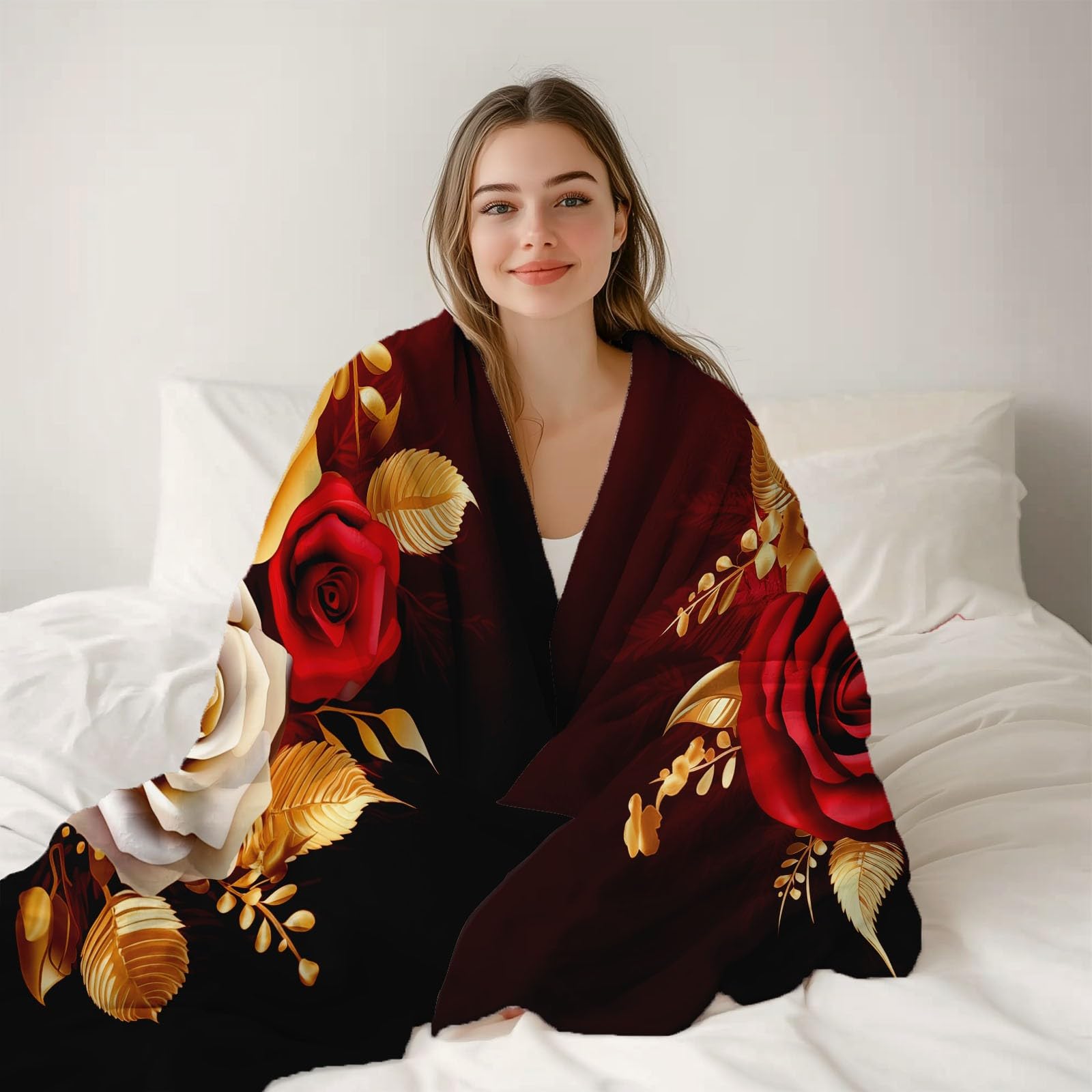 Genérico Manta de Franela Suave - Manta Sherpa con Estampado de Elegante Lujoso Pétalos Metálicos para Niños Niños Adultos, Rojo Cálida Frazada de Otoño para Cama sofá y Viaje 150 x 200 cm