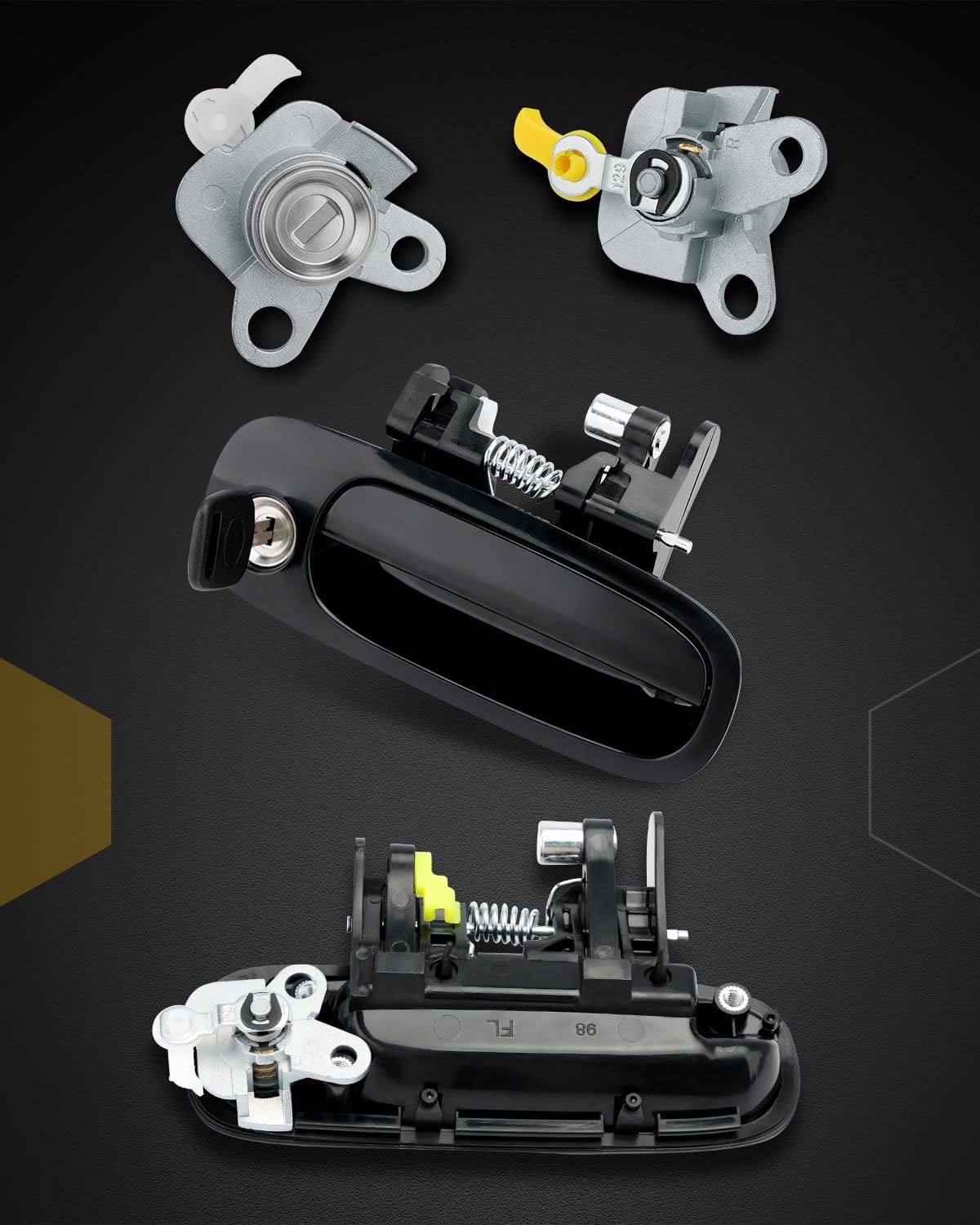 Door Handle Kit, w/ Lock Cylinders & Keys, Compatible with 1998-2002 Toyota Corolla & Chevy Prizm, Interior & Exterior Front & Rear Left Driver & Right Passenger Side, OE# 77563, 80423, 79501, DL166