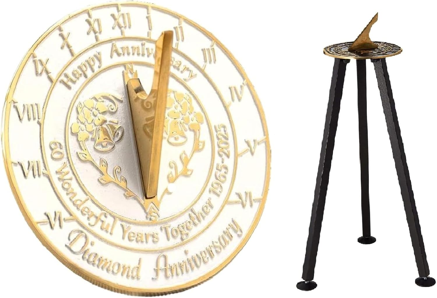 '60th Diamond Wedding Anniversary' 1965-2025 Metal Home Decor Sundial With Pedestal Stand | Garden Present Idea for Couple Him Her Parents Handmade Anniversary 60 Year Celebration 10" Sundial