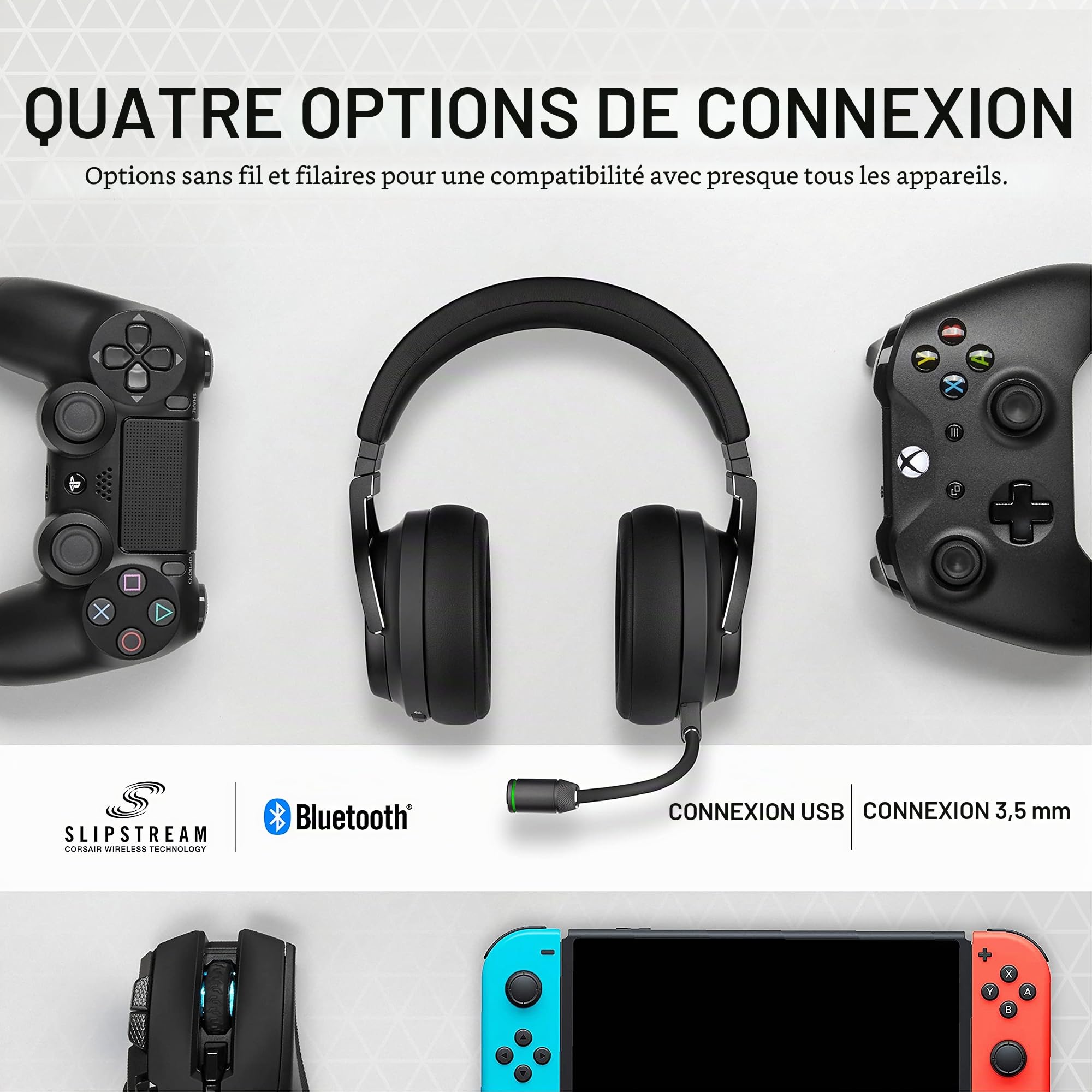 Corsair Virtuoso Casque de jeu RVB sans fil haute fidélité (technologie Slipstream, son surround 7.1, iCUE RVB, pour PC, Xbox One, PS4, Switch et appareils mobiles) carbone (reconditionné)