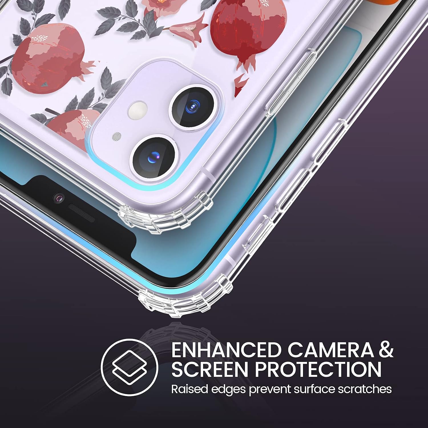 Caka iPhone 11 Case with Screen Protector, iPhone 11 Case Clear Flowers Floral Pattern for Girls Women Girly Slim Soft TPU Protective Case for iPhone 11 6.1 inches (Pomegranate)