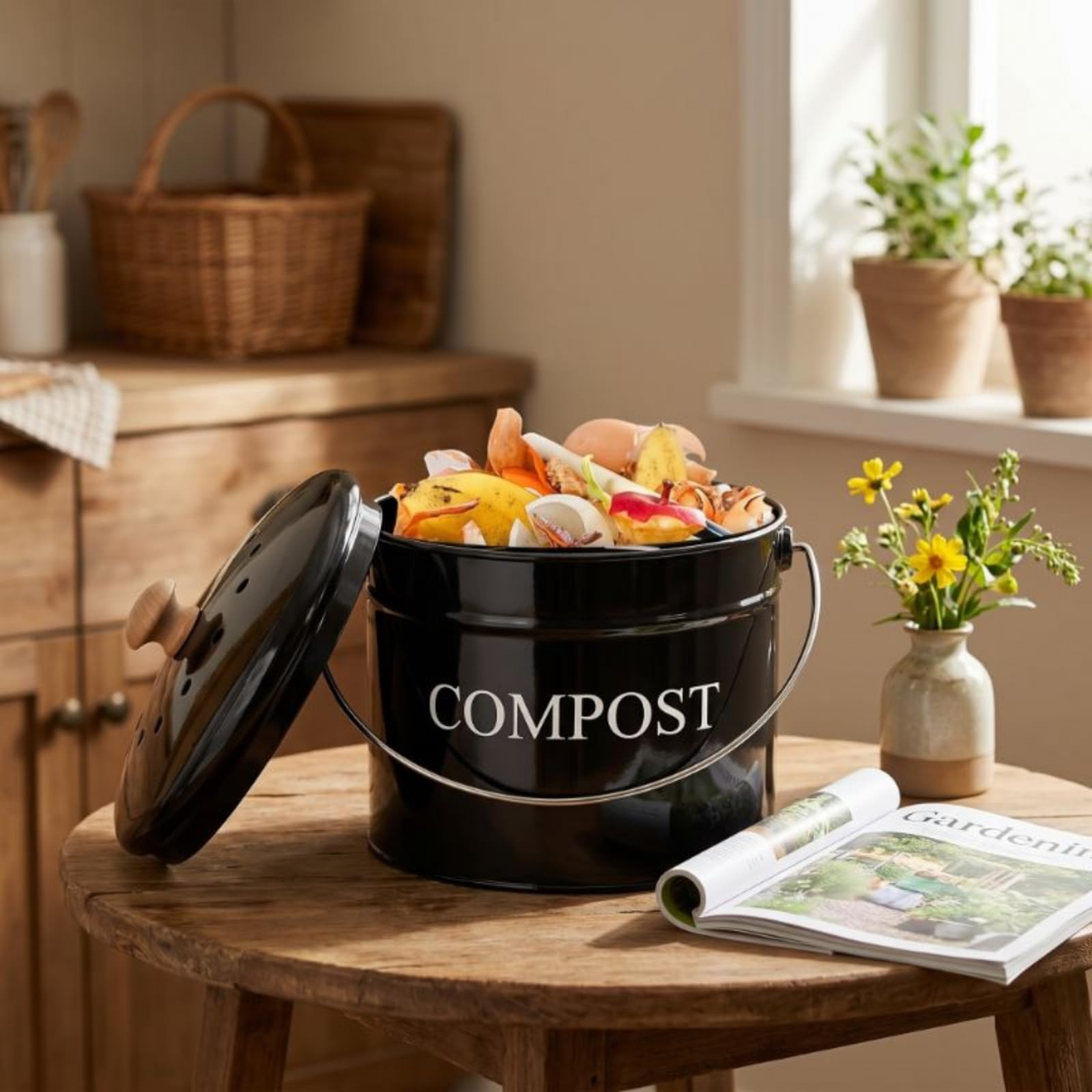 Composteur de Cuisine Composteur Compost Bin Seau Poubelle à Compost Seau de Comptoir avec Couvercle à Aération et Filtre à Charbon pour Contrôle des, Array, Noir