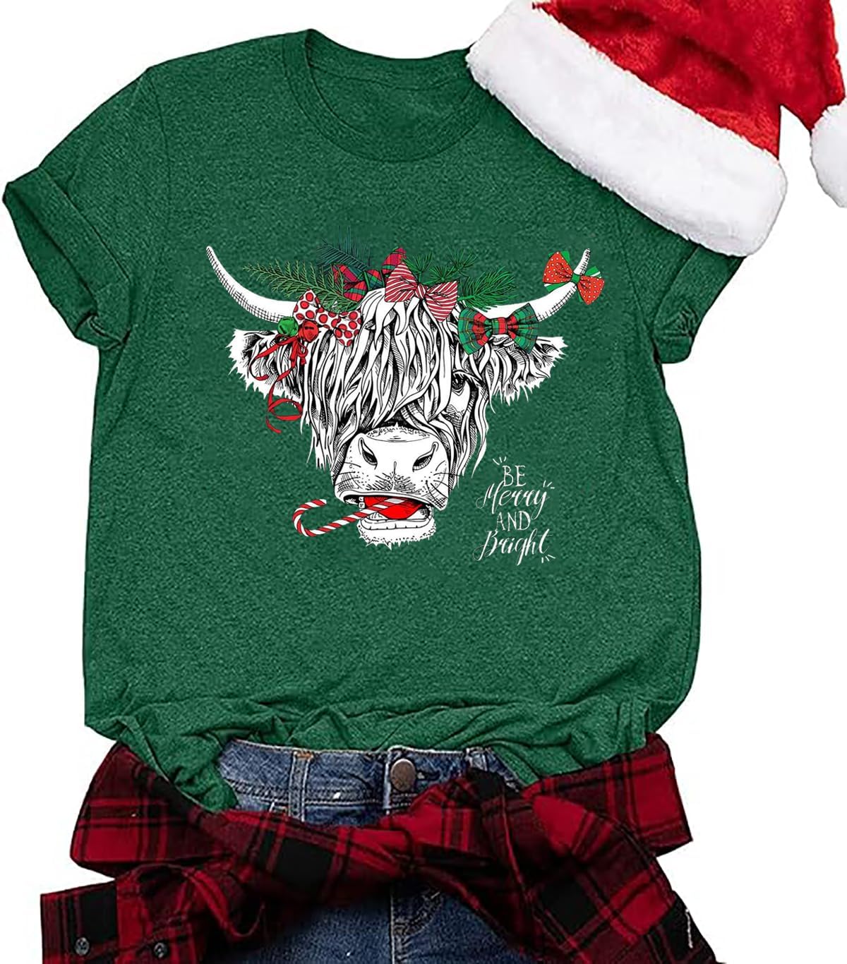 Cow Christmas T-Shirt for Women Merry Christmas Heifers Tee Xmas Highland Cow Farm Shirt Holidays Casual O-Neck Tshirt
