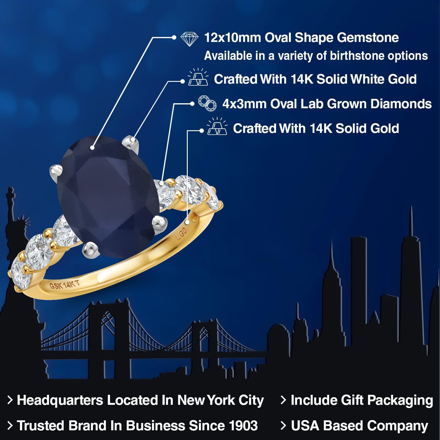 Gem Stone King 14K 2 Tone Gold Blue Sapphire and Lab Grown Diamond Engagement Ring For Women | 5.40 Cttw | Oval 12X10MM | Wedding Engagement Anniversary Promise Ring For Women - Image 2