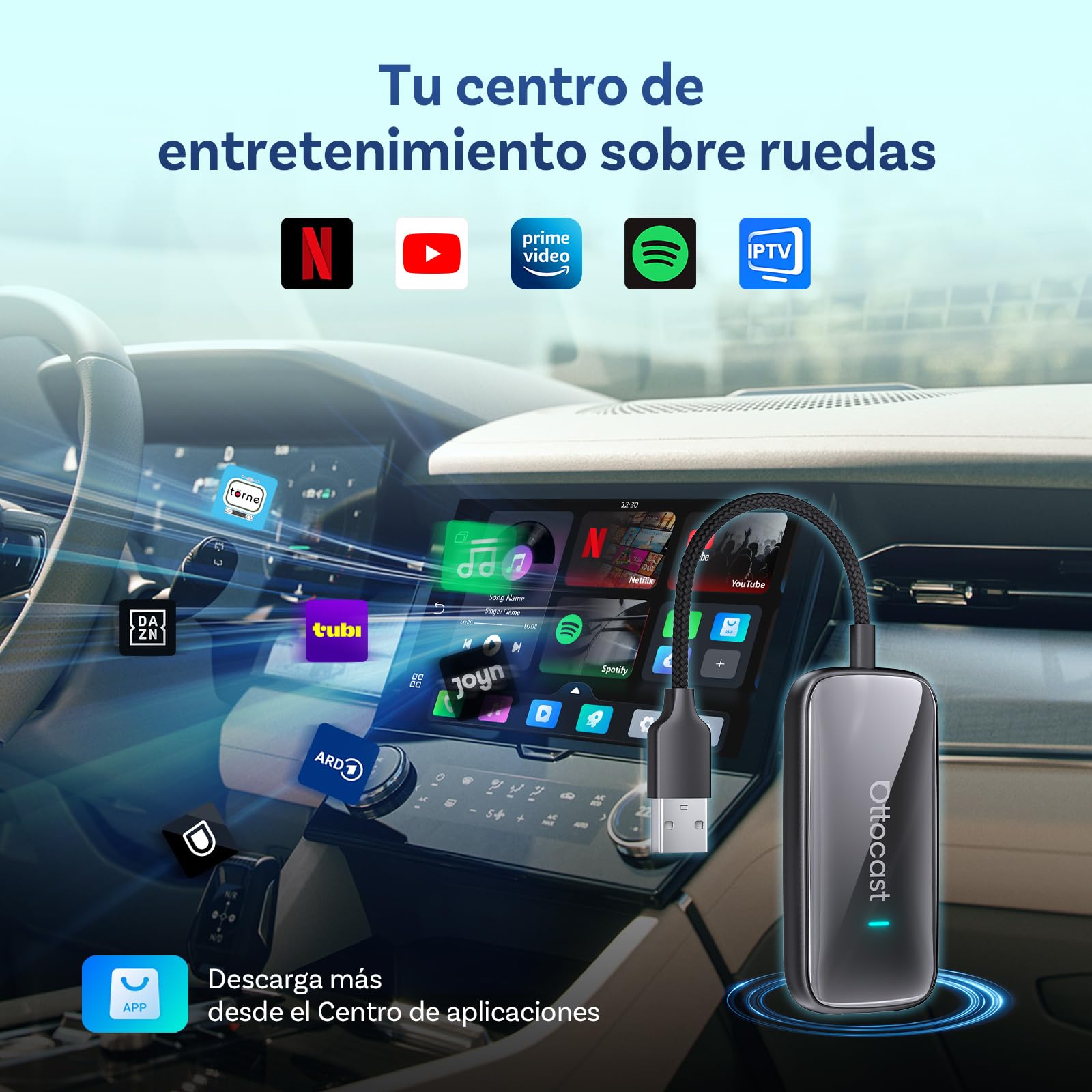 OTTOCAST Play2Video Ultra, 2025 Adaptador inalámbrico CarPlay & Android Auto con Netflix/YouTube/IPTV/Prime Video integrados, Caja AI de Android 12.0 para vehículos con CarPlay cableado de fábrica