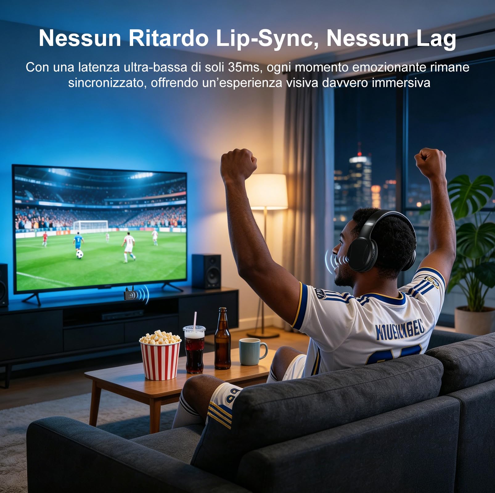 Cuffie TV Wireless per Anziani, 2.4G RF & Bluetooth 5.4 con Trasmettitore 5-in-1 (Uscita Ottiche/Coassiali/RCA/AUX/USB), 5 Modalità EQ, Portata 30m, 20H Autonomia, Cuffie TV Over-Ear Pieghevoli Regalo