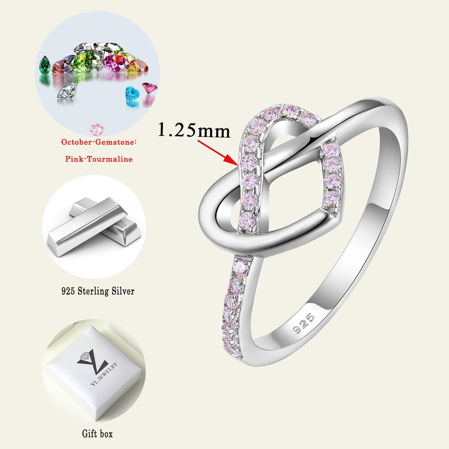 YL Love Knot Heart Promise Ring 925 Sterling Silver Infinity Rings Birthstone Anniversary Band for Women - Image 6