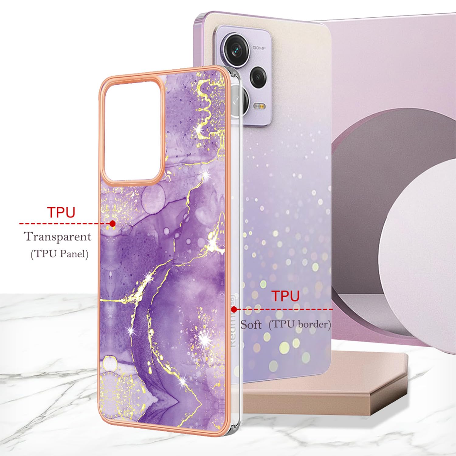 Cover QIYIN Per Xiaomi Redmi Note 10 Pro 4G - Custodia In Silicone Morbido Viola Con Cornice Oro - 4