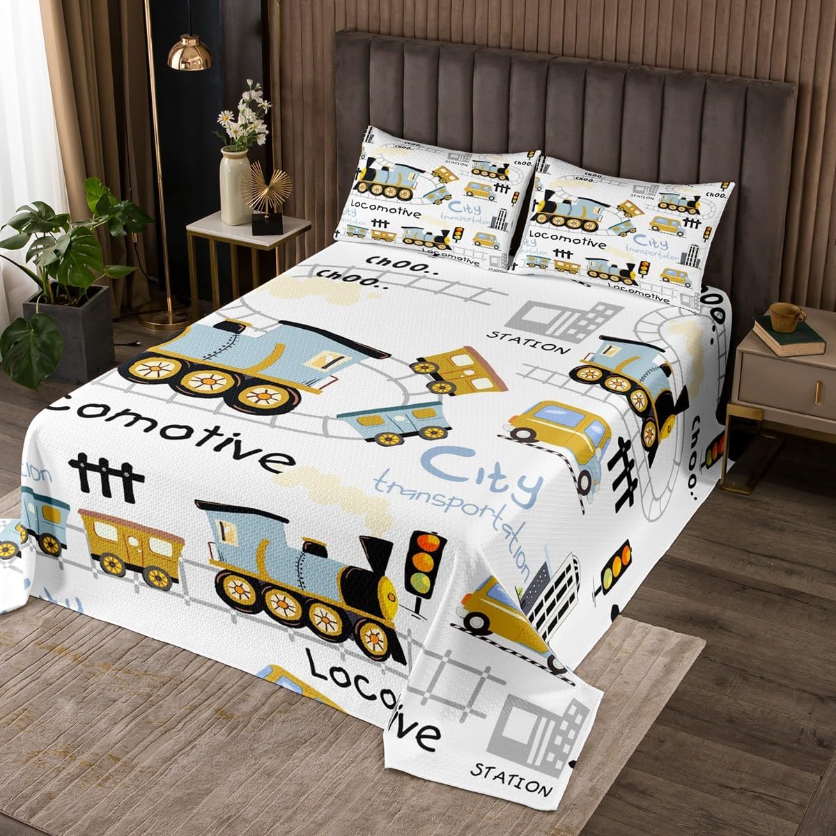 Blue Train Bedding Set Twin Size,Retro Train Bedspread 2Pcs for Kids Boys Teens Girls Room Decor,City Transportation Vehicles Comforter Set Cartoon Car Train Track Quilt Coverlet,1 Pillowcase