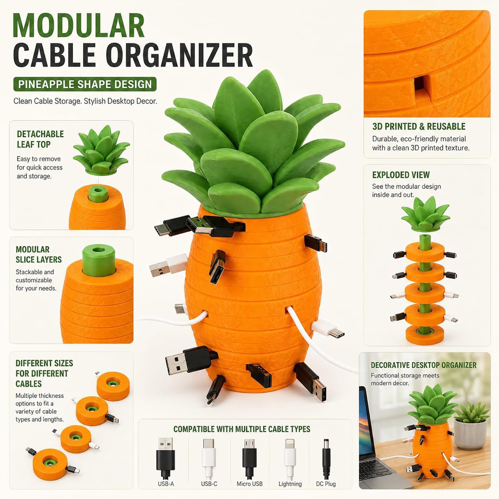 Organizzatore di cavi ad ananas, portacavi da scrivania modulare (2pc) | Costruzione in plastica stampata in 3D, dischi di avvolgimento S M L XL, cavi di ricarica, auricolari