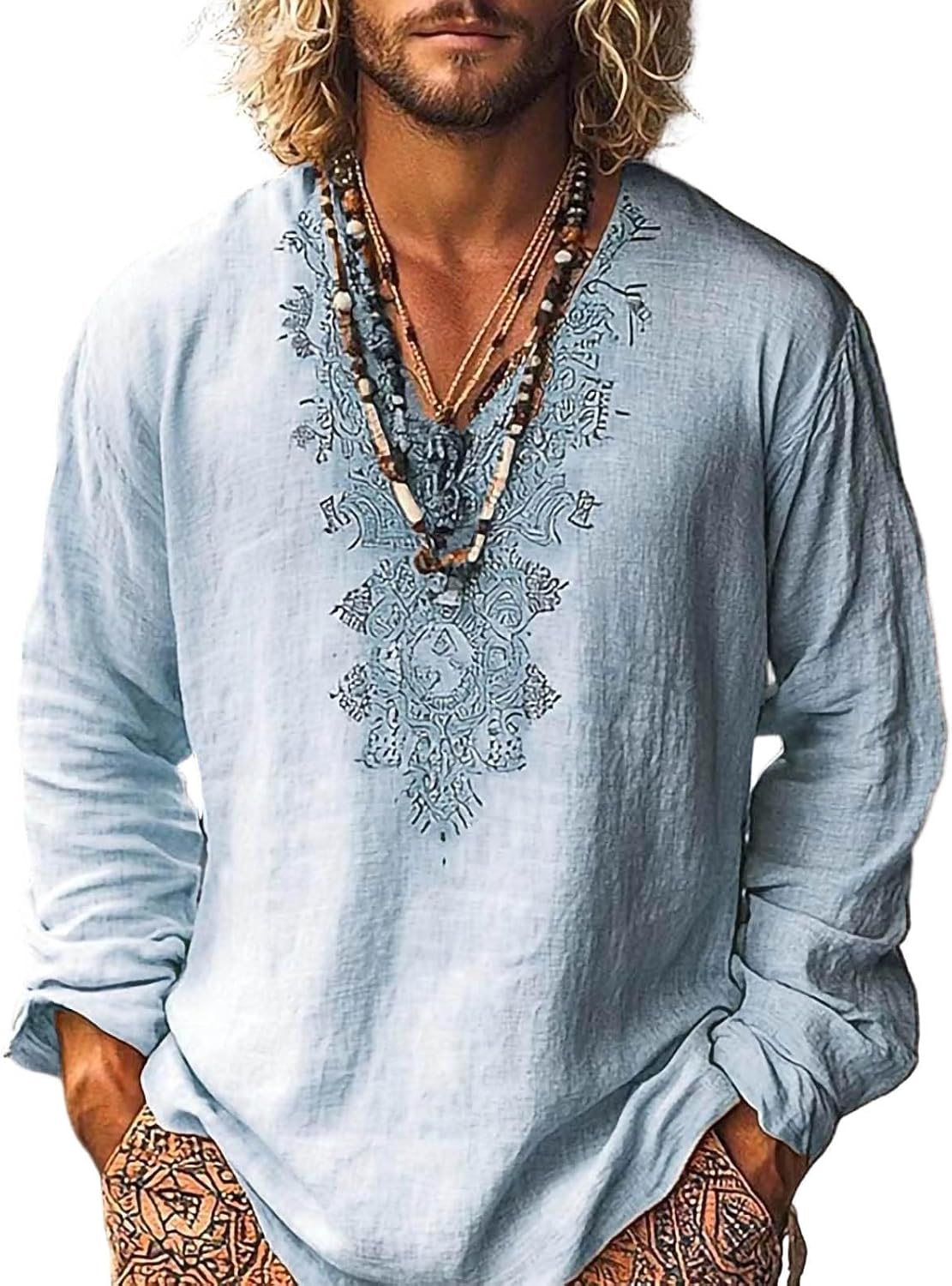 Men's Embroidered Linen Henley Shirts Long Sleeve Ethnic Style Casual Tops Boho Hippie Shirts for Beach Vacation
