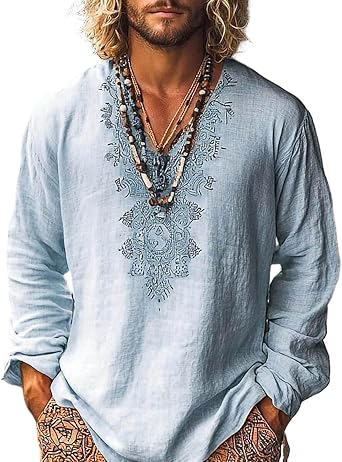 Mens Linen V Neck Henley Shirt Long Sleeve Caftan Hippie Tunic Top Vintage Embroidered Casual Beach Gauze T Shirts