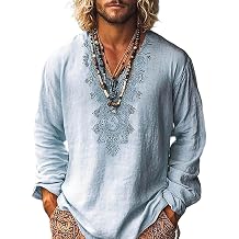Mens Linen V Neck Henley Shirt Long Sleeve Caftan Hippie Tunic Top Vintage Embroidered Casual Beach Gauze T Shirts