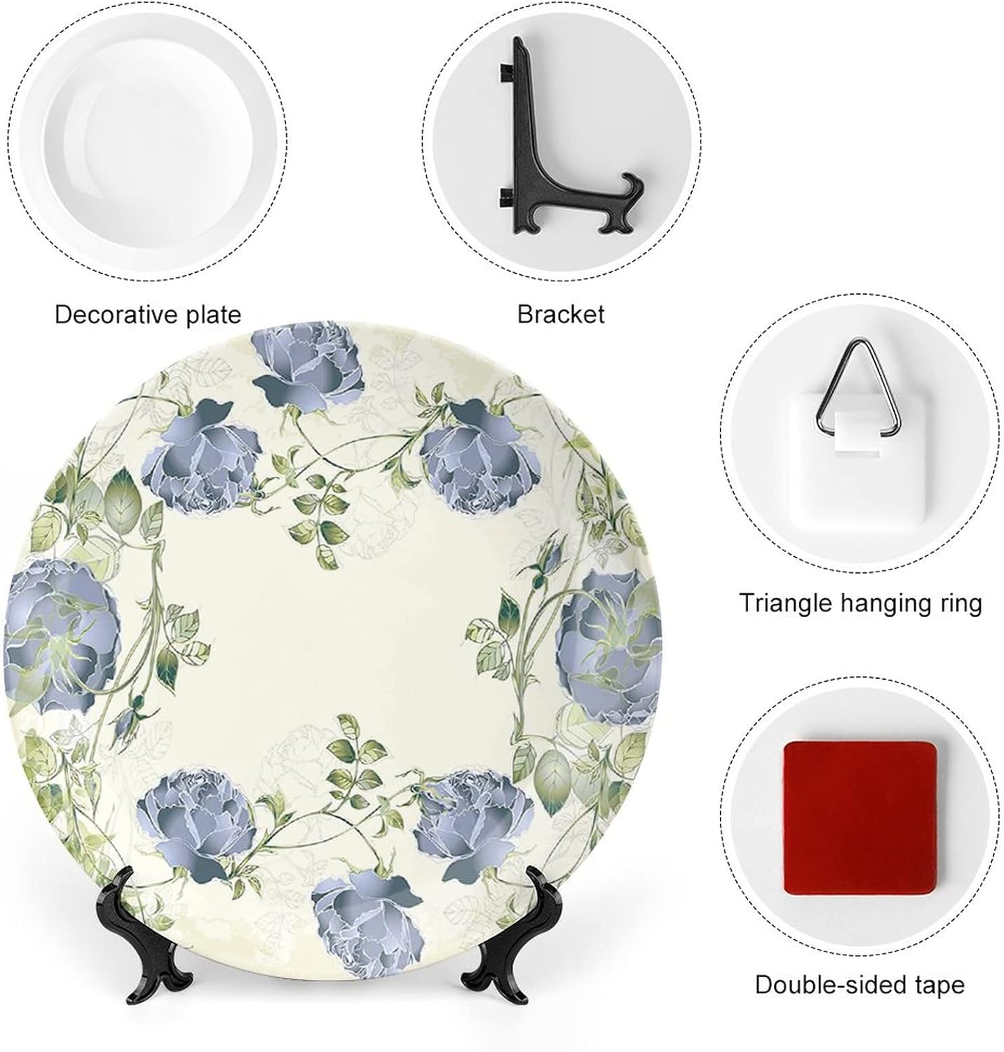 XISUNYA 10 Inch Decorative Plate, Floral Ceramic Stoneware, Vintage Roses Leaves Flower Romantic Retro Print Ceramic Wall Hanging Decor Accessory for Dining Table Tabletop Home Decor