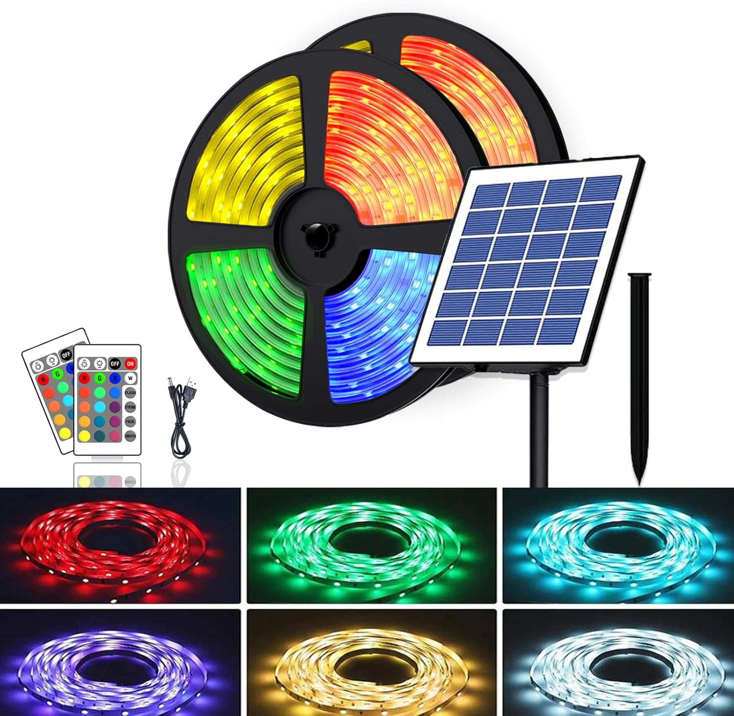 Solar LED Strip Lights Outdoor, SMD 5050 LED Lights Solar Powered RGB LED Strip, IP67 Waterproof Rope Lights